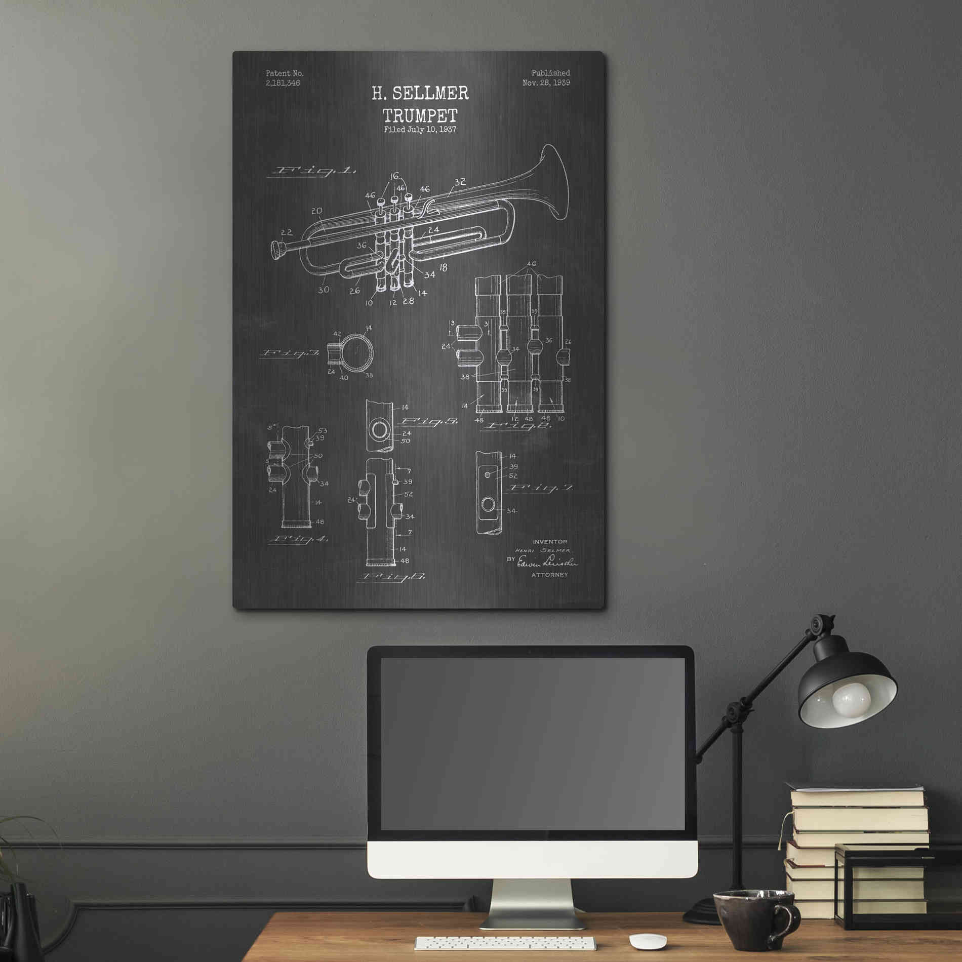 Luxe Metal Art 'Trumpet Blueprint Patent Chalkboard' Metal Wall Art,24x36