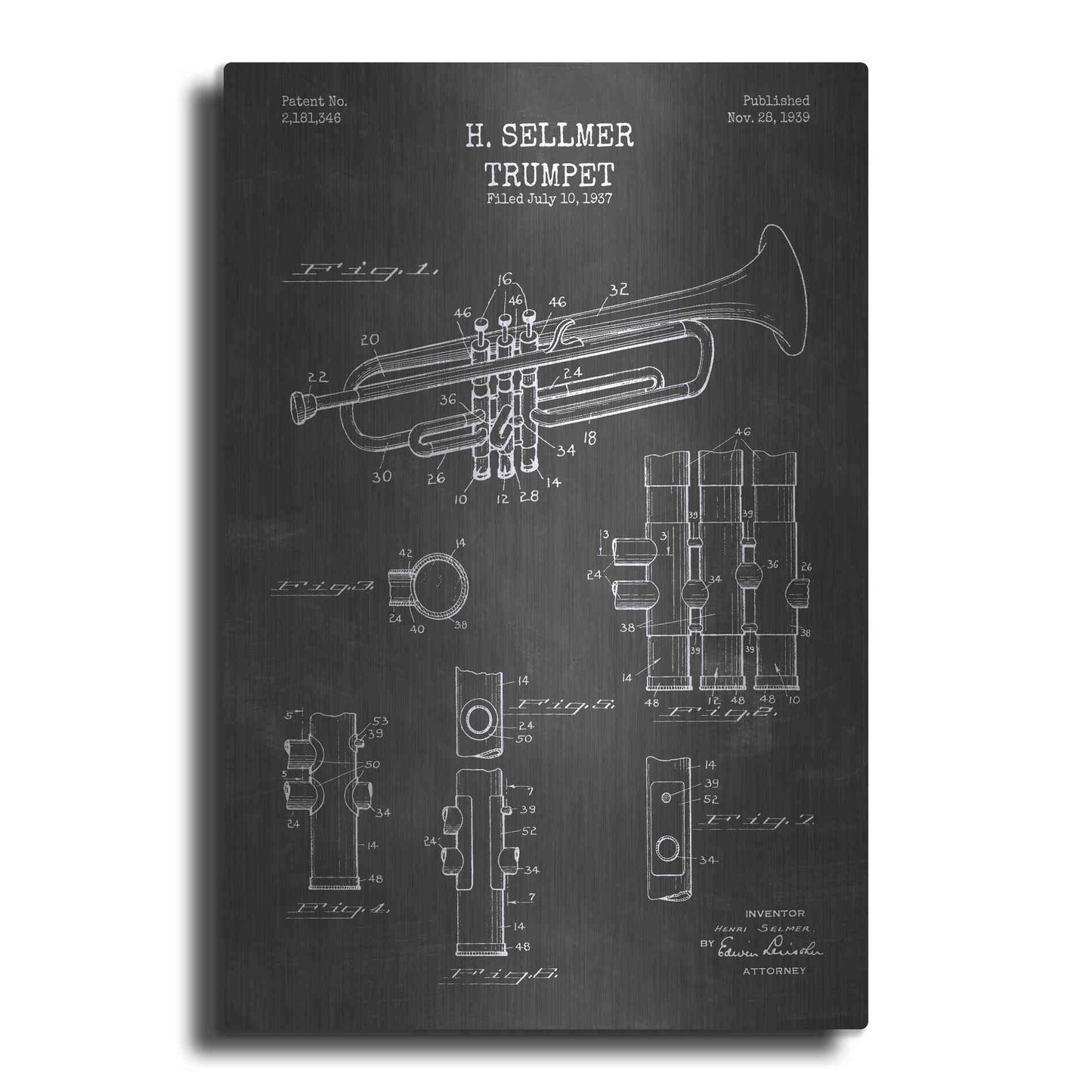 Luxe Metal Art 'Trumpet Blueprint Patent Chalkboard' Metal Wall Art