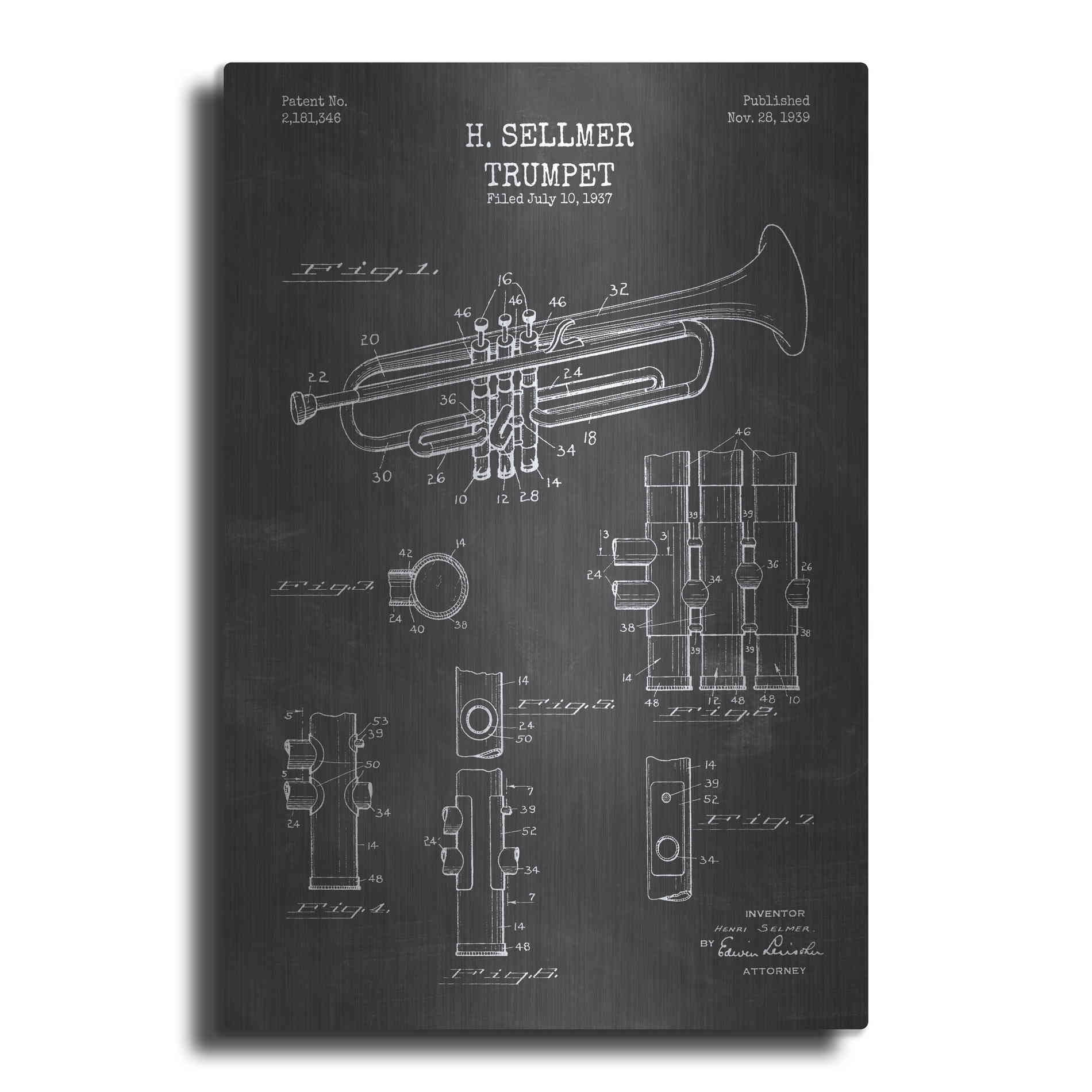 Luxe Metal Art 'Trumpet Blueprint Patent Chalkboard' Metal Wall Art