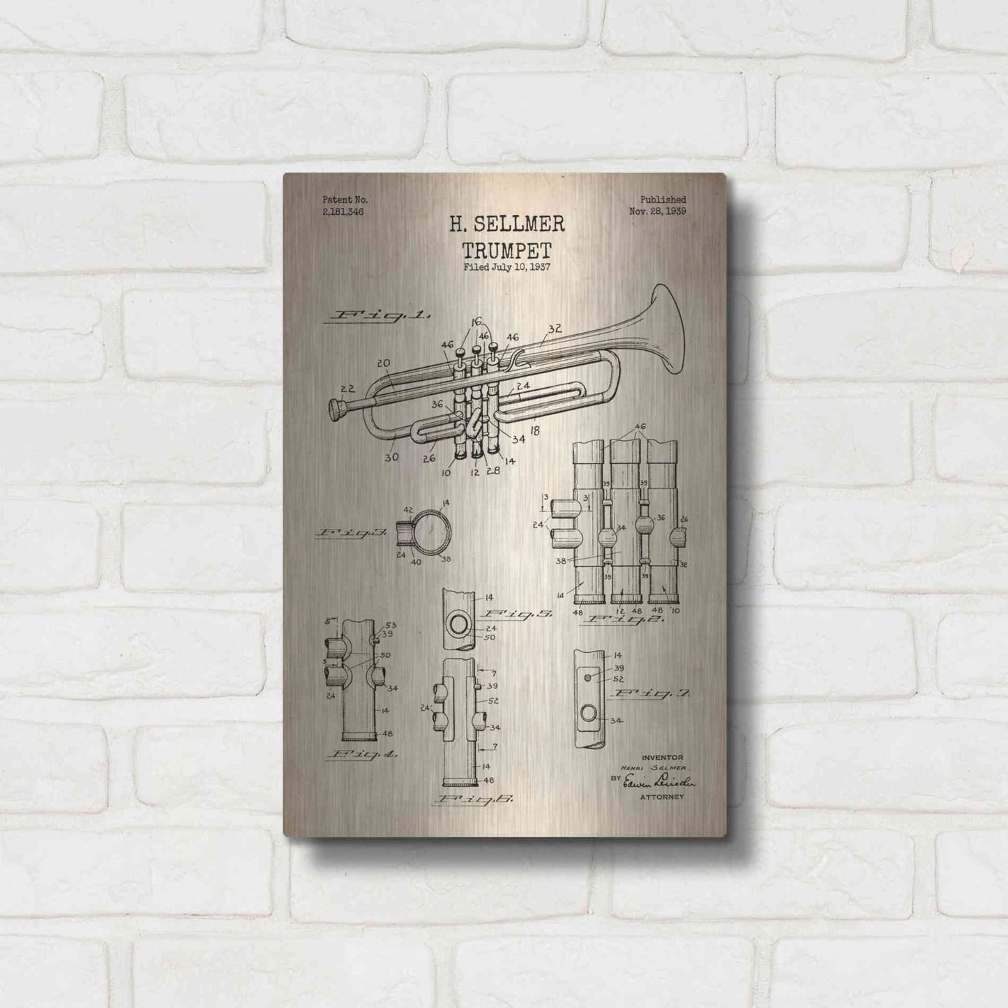 Luxe Metal Art 'Trumpet Blueprint Patent Parchment' Metal Wall Art,12x16