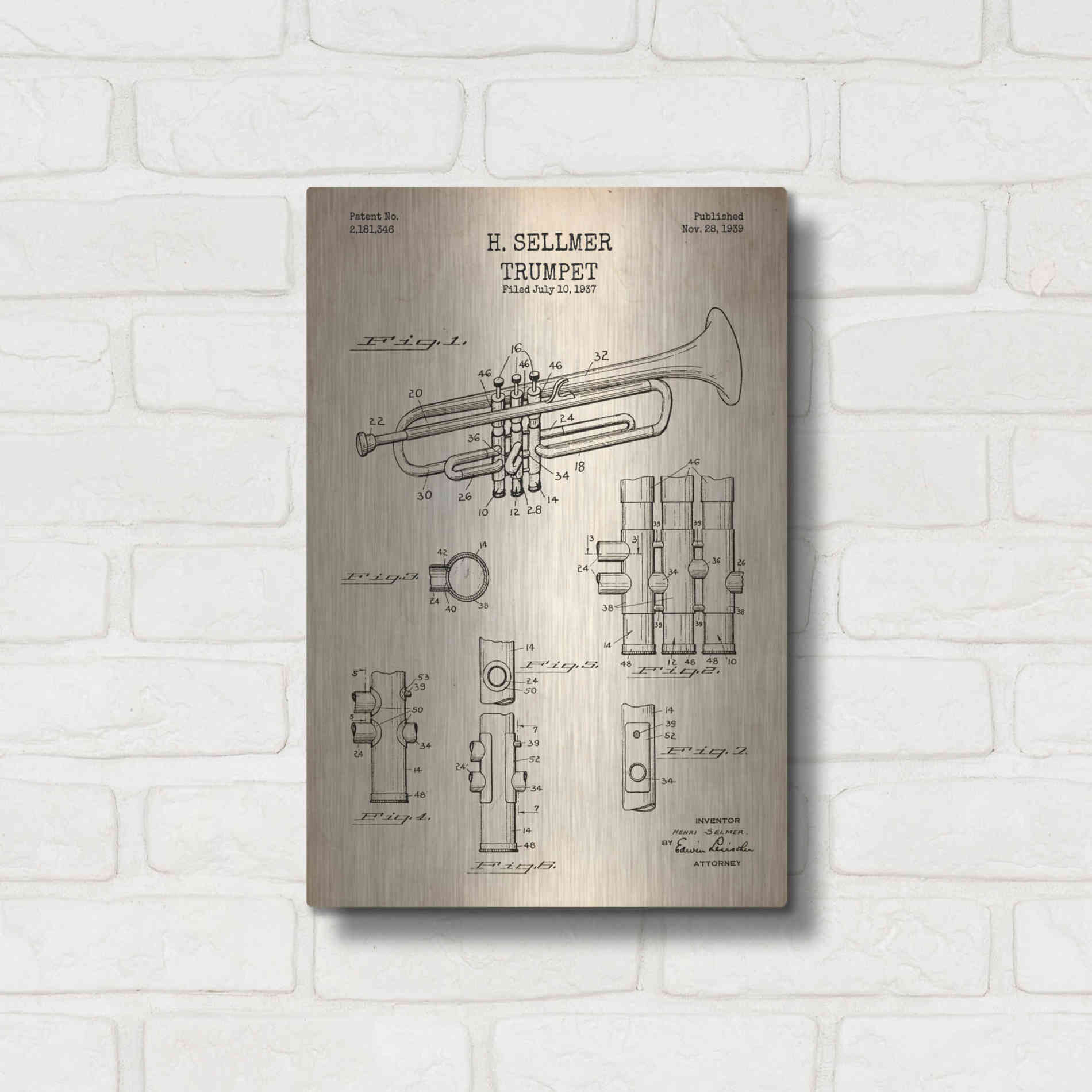 Luxe Metal Art 'Trumpet Blueprint Patent Parchment' Metal Wall Art,12x16