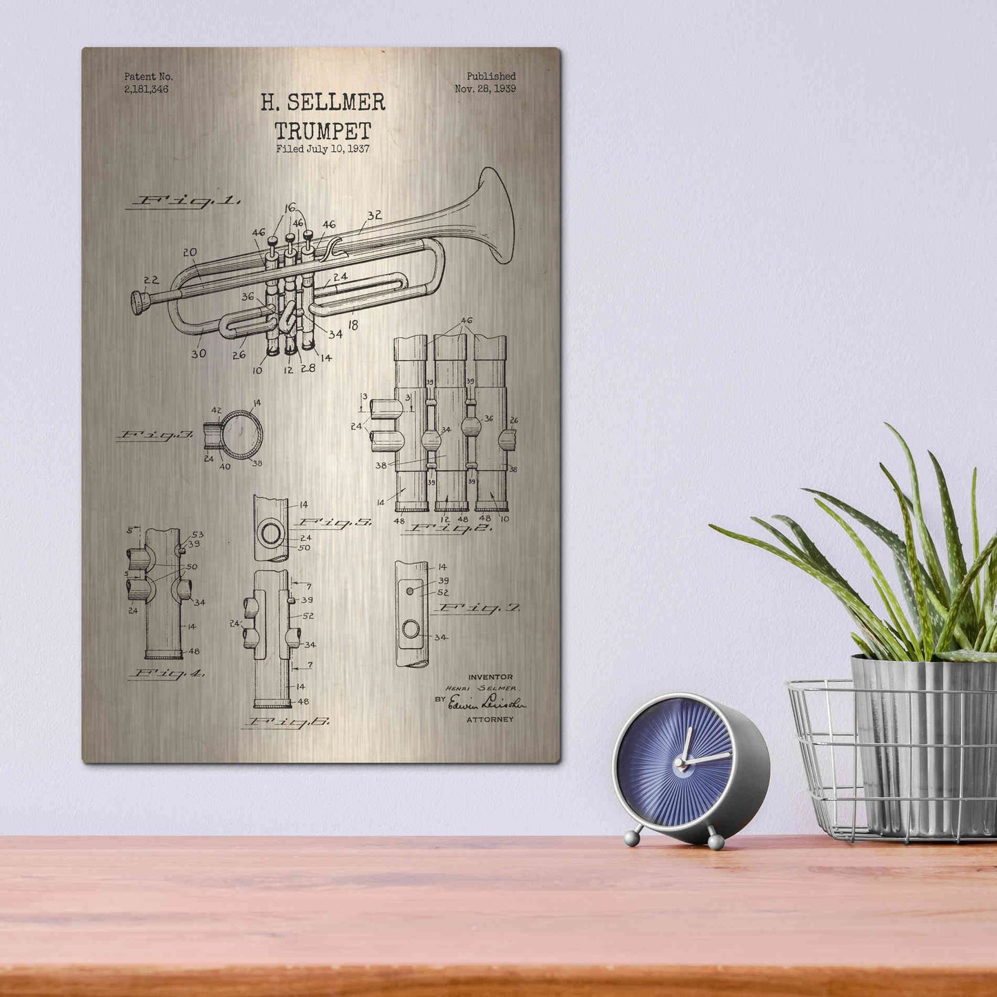 Luxe Metal Art 'Trumpet Blueprint Patent Parchment' Metal Wall Art,12x16