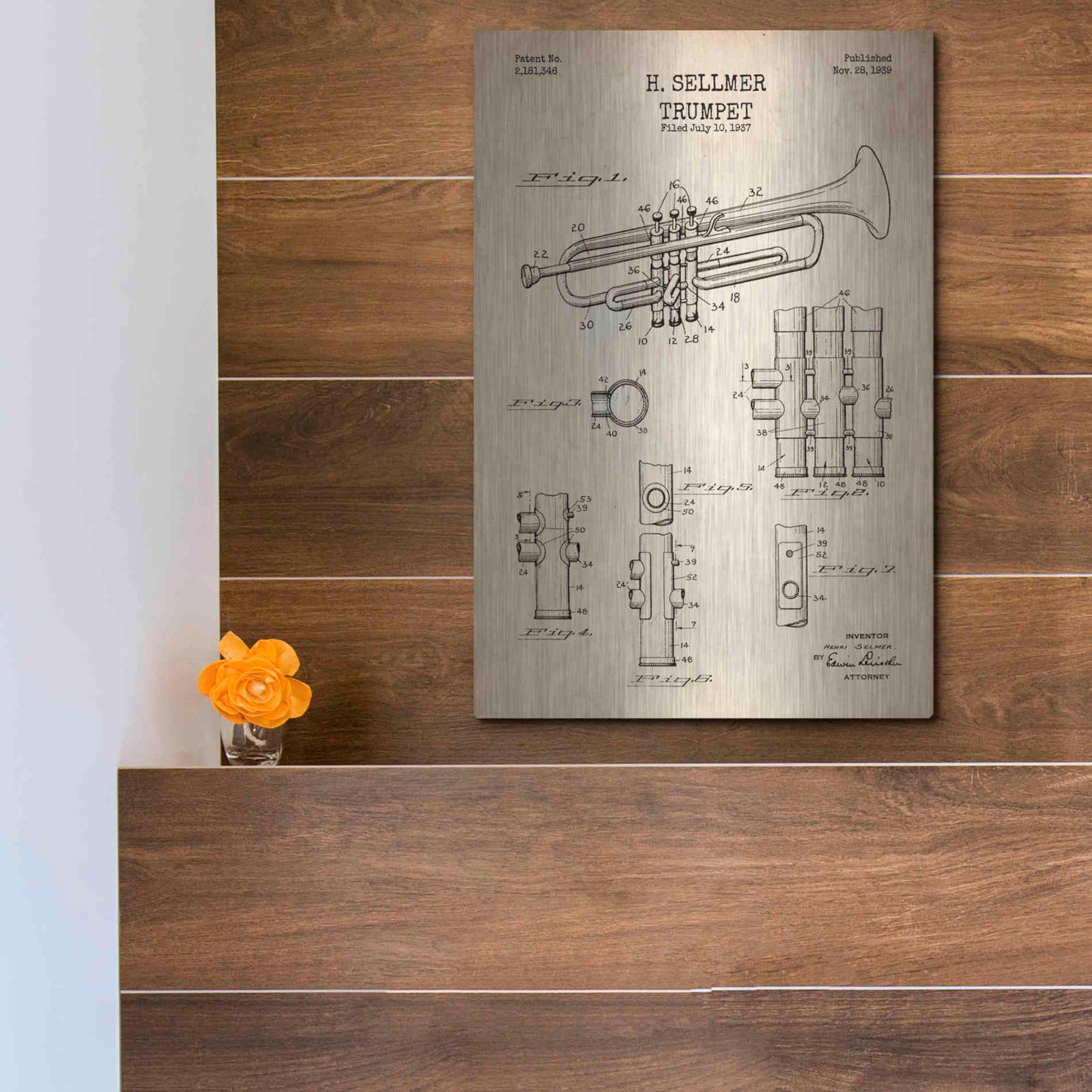 Luxe Metal Art 'Trumpet Blueprint Patent Parchment' Metal Wall Art,12x16