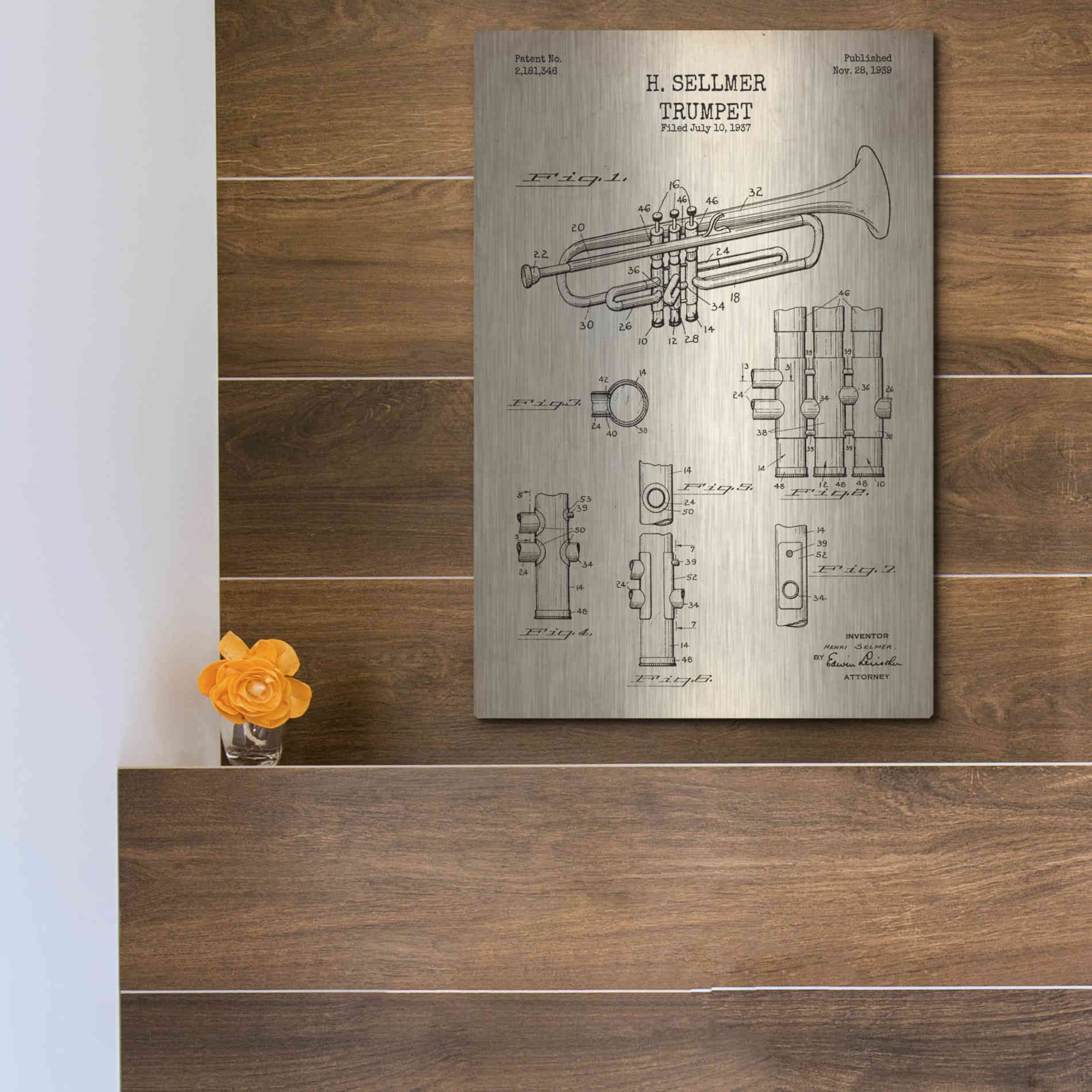 Luxe Metal Art 'Trumpet Blueprint Patent Parchment' Metal Wall Art,12x16