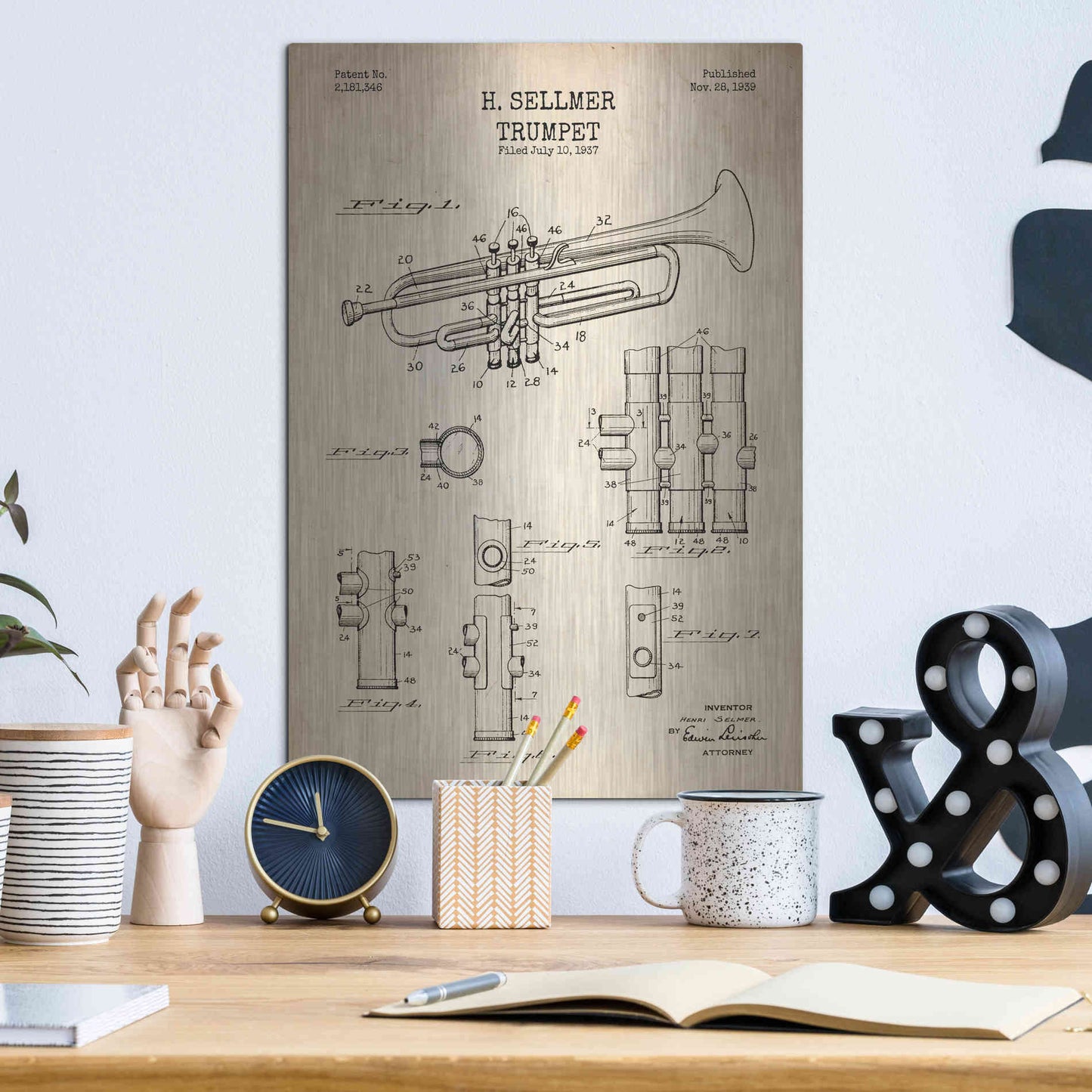 Luxe Metal Art 'Trumpet Blueprint Patent Parchment' Metal Wall Art,12x16