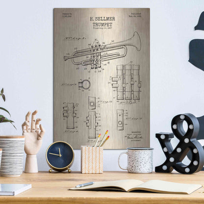Luxe Metal Art 'Trumpet Blueprint Patent Parchment' Metal Wall Art,12x16