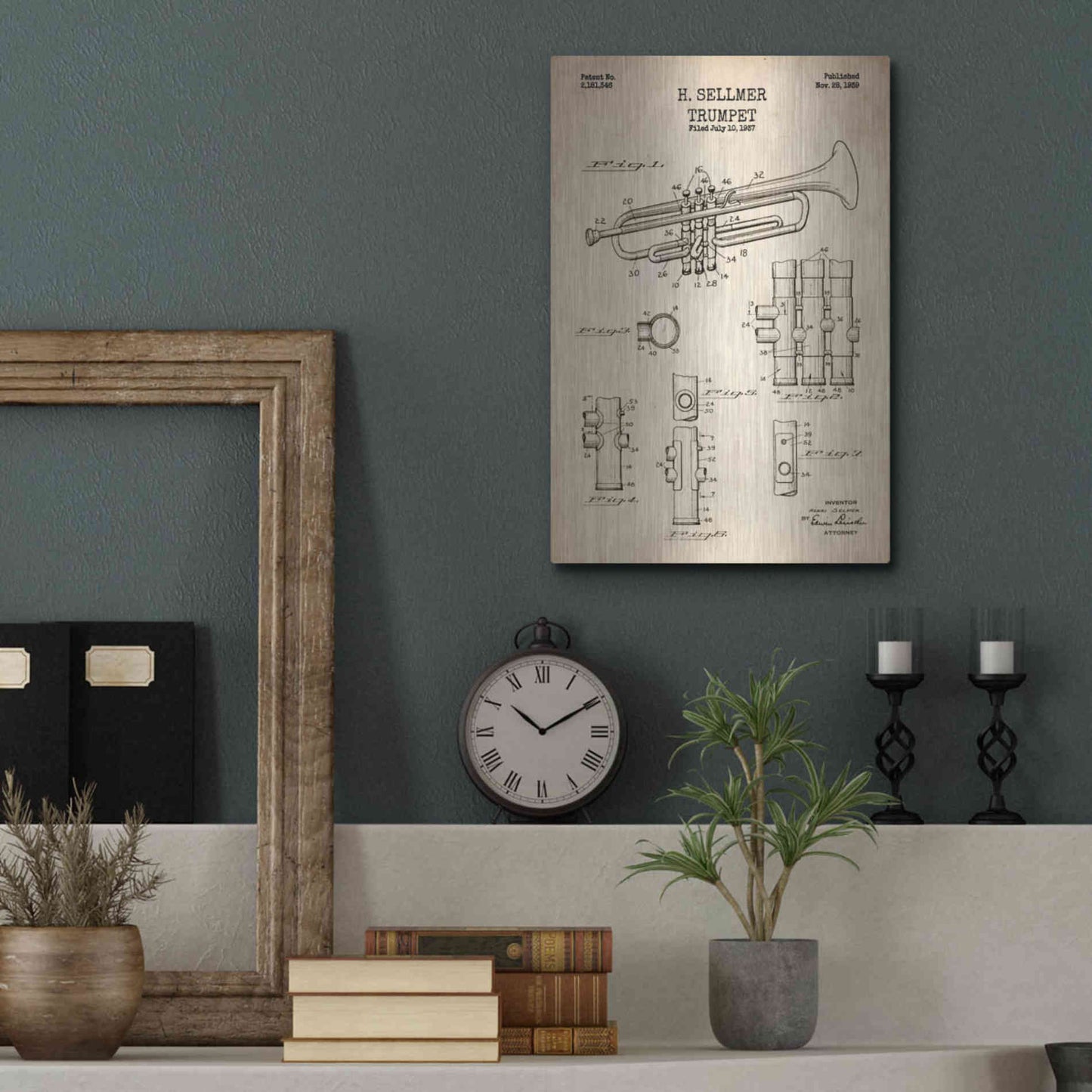 Luxe Metal Art 'Trumpet Blueprint Patent Parchment' Metal Wall Art,12x16
