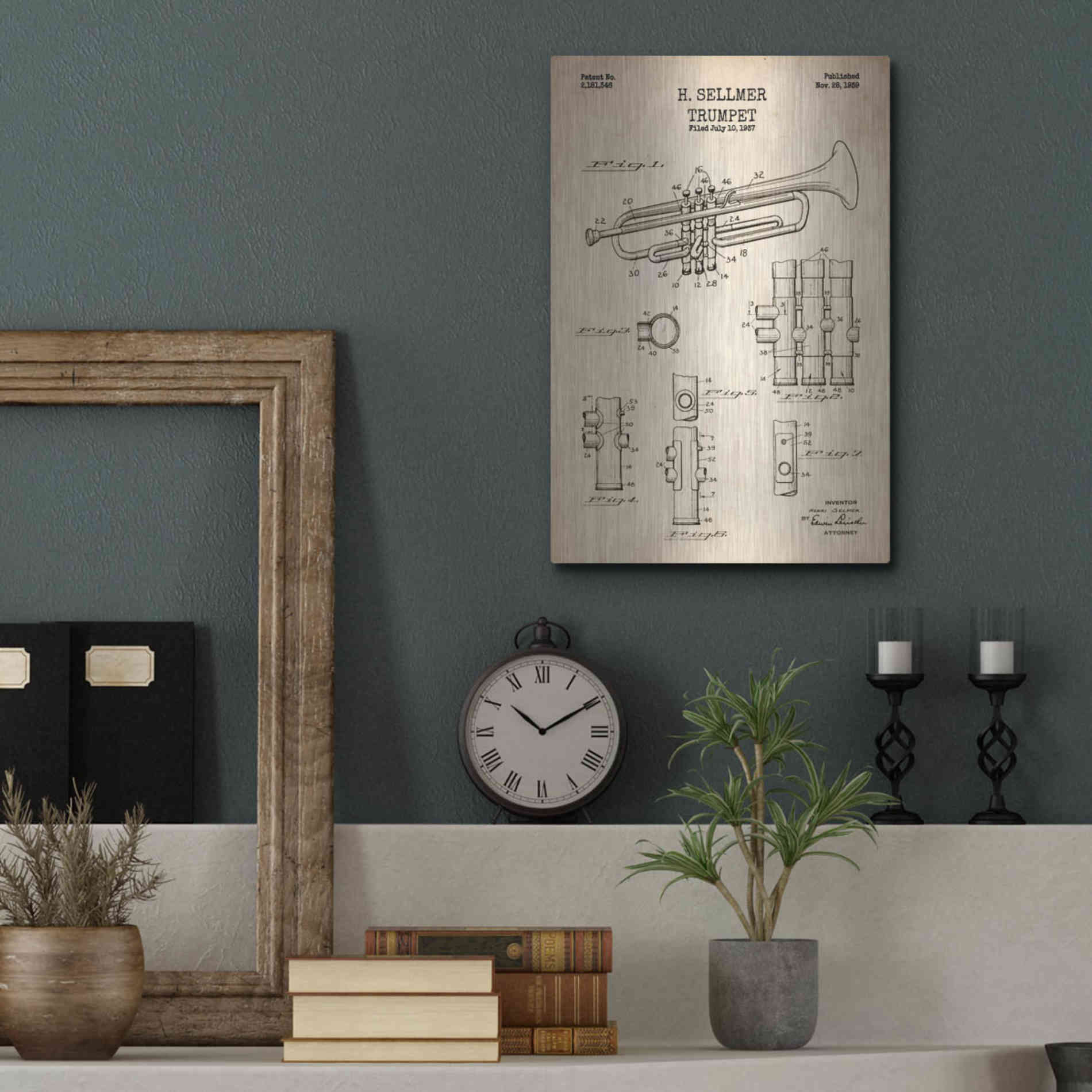 Luxe Metal Art 'Trumpet Blueprint Patent Parchment' Metal Wall Art,12x16