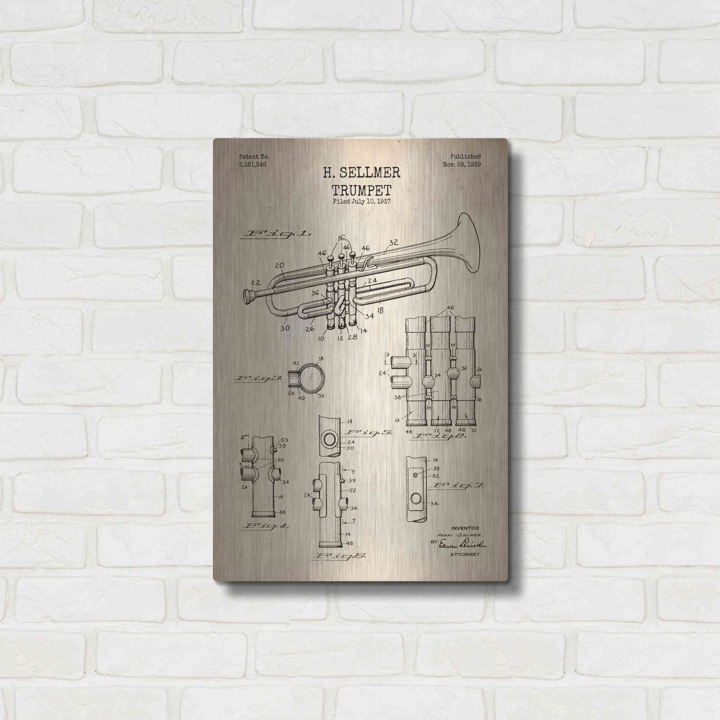 Luxe Metal Art 'Trumpet Blueprint Patent Parchment' Metal Wall Art,16x24