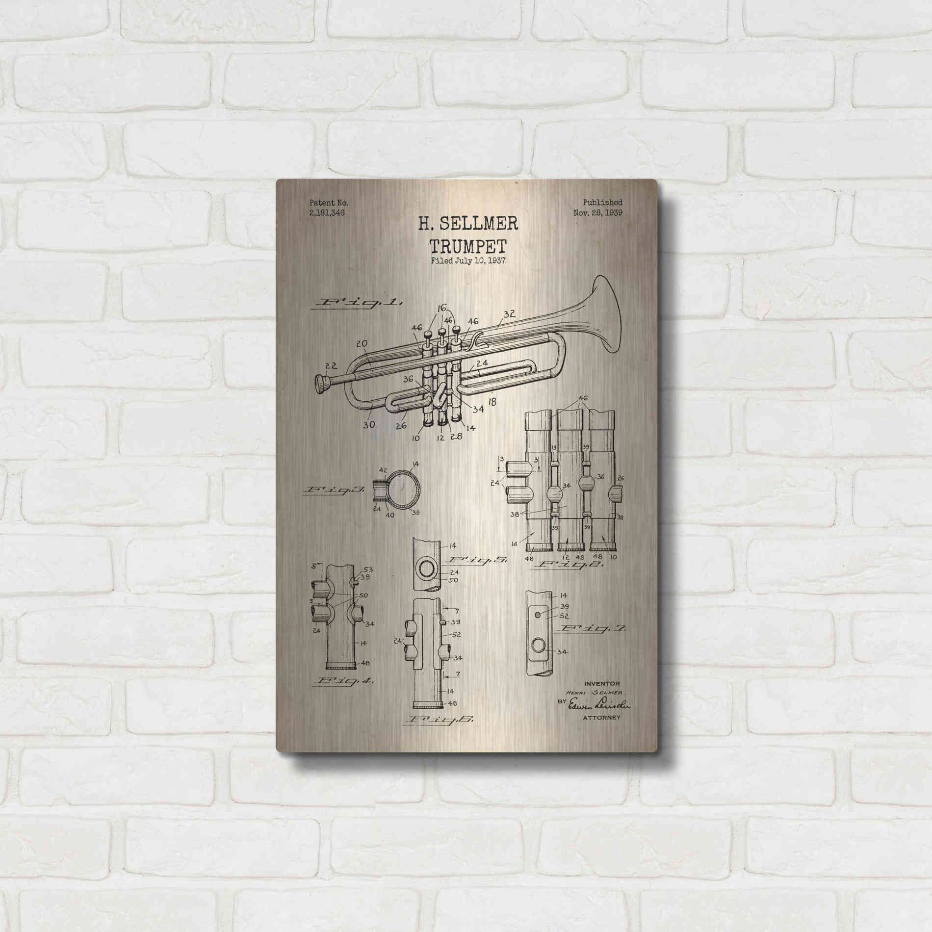 Luxe Metal Art 'Trumpet Blueprint Patent Parchment' Metal Wall Art,16x24