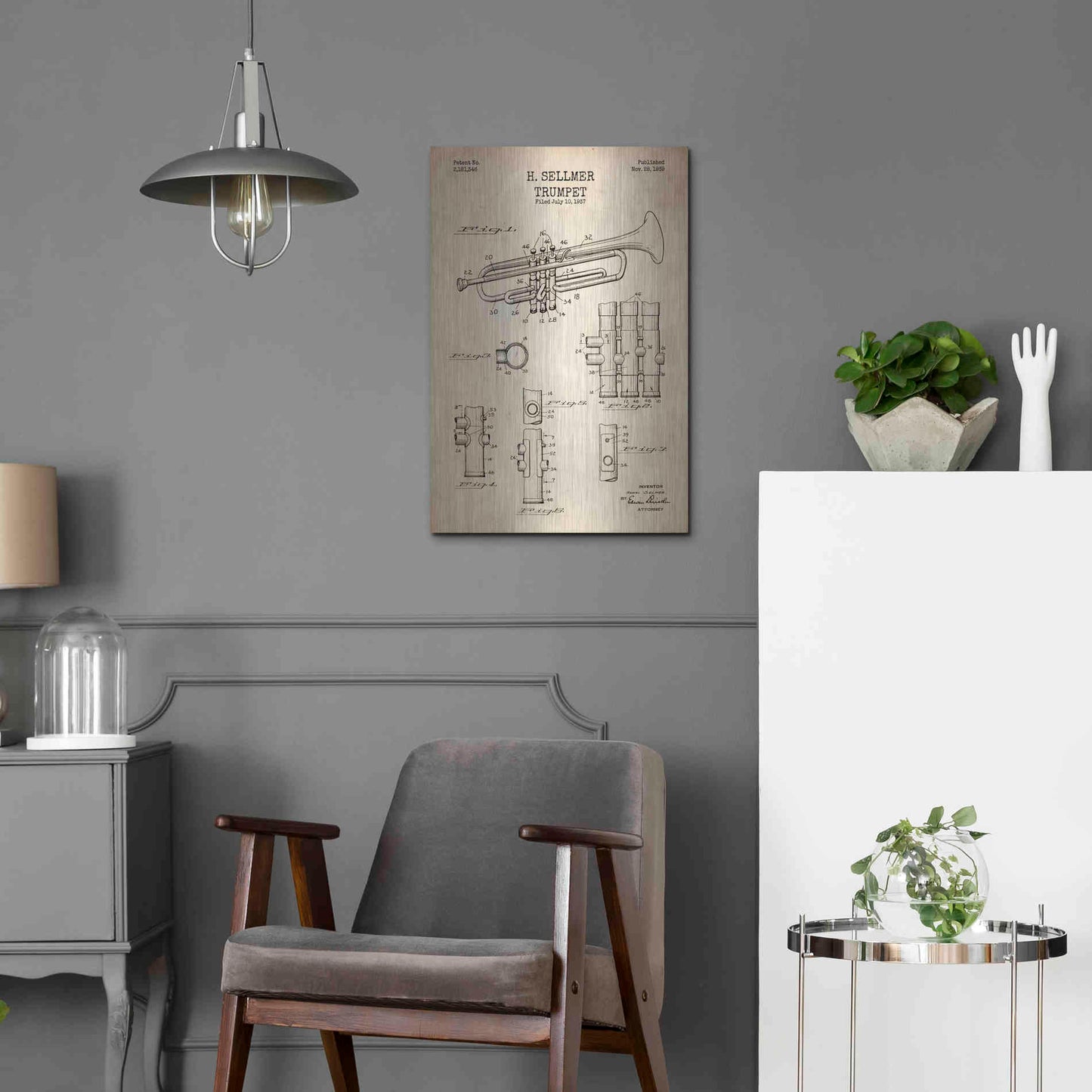 Luxe Metal Art 'Trumpet Blueprint Patent Parchment' Metal Wall Art,16x24