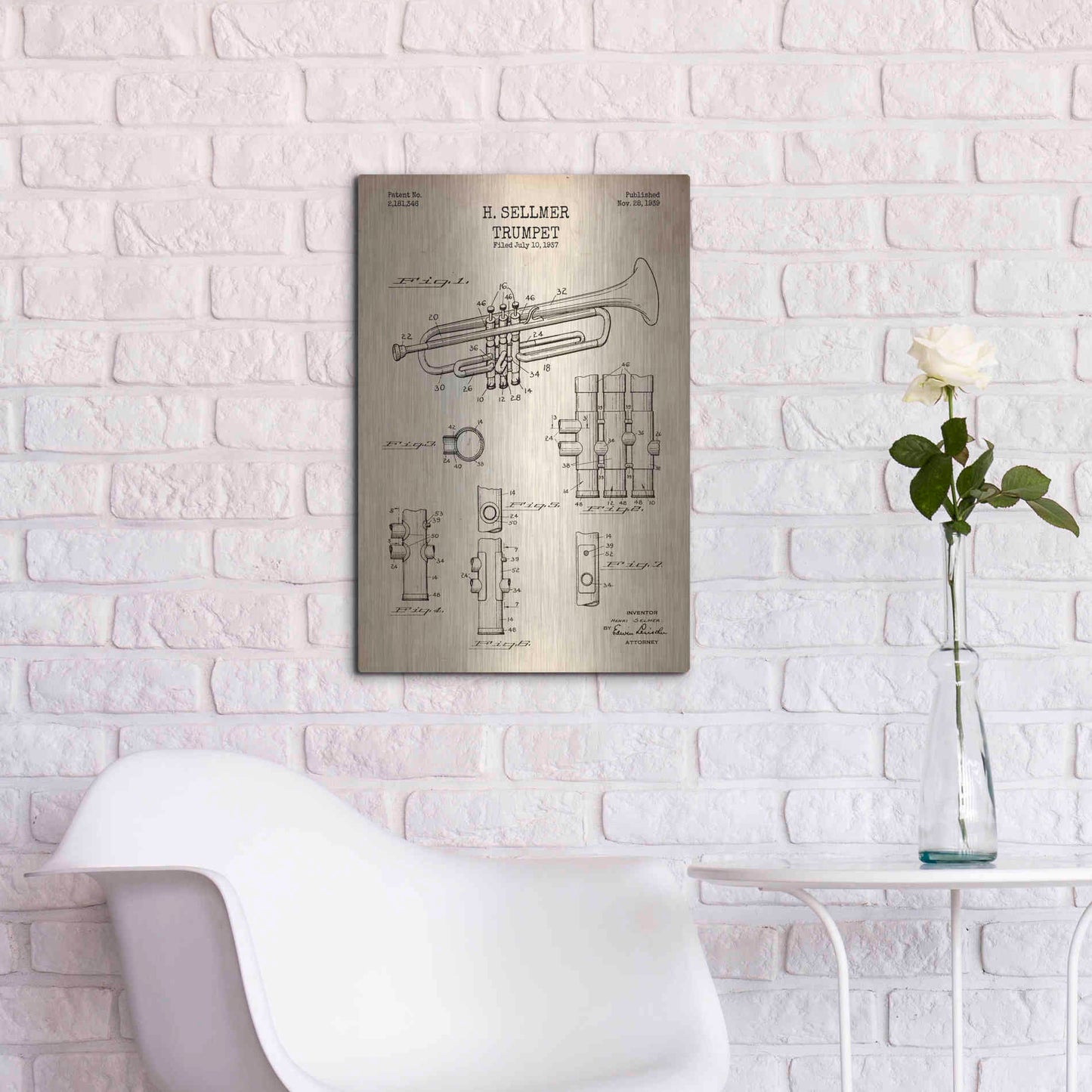Luxe Metal Art 'Trumpet Blueprint Patent Parchment' Metal Wall Art,16x24