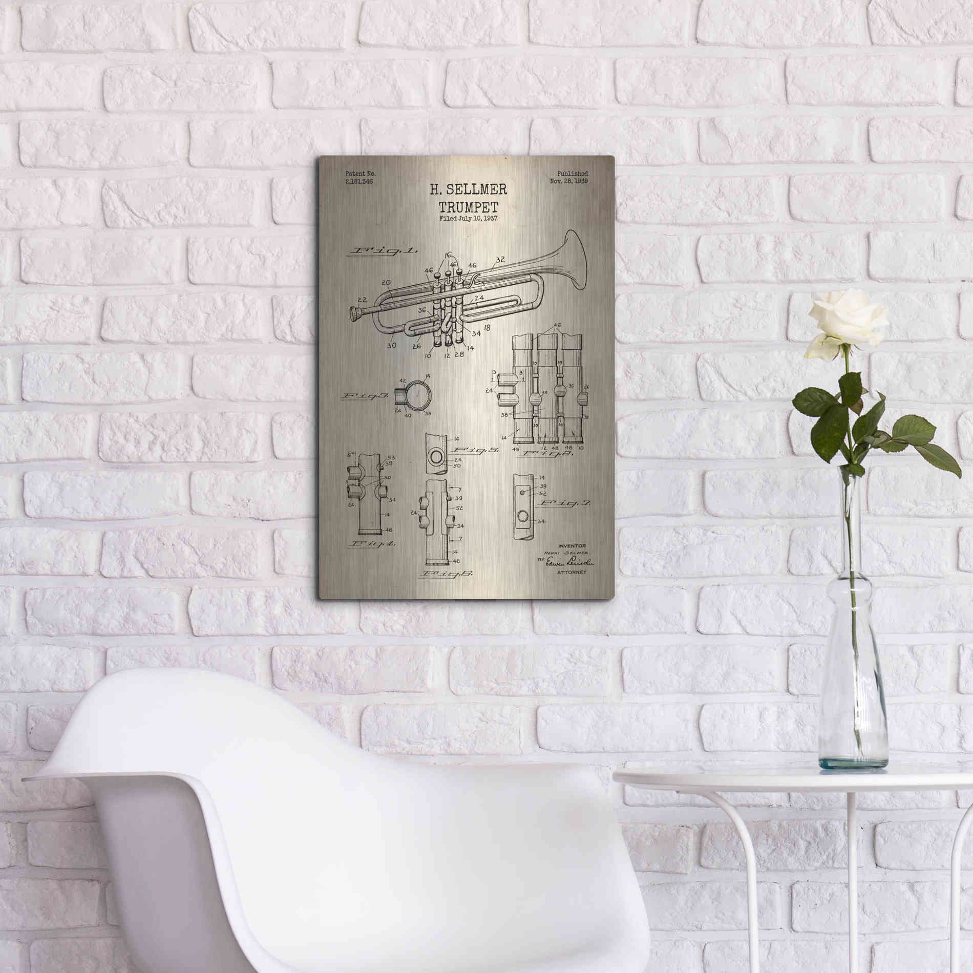 Luxe Metal Art 'Trumpet Blueprint Patent Parchment' Metal Wall Art,16x24