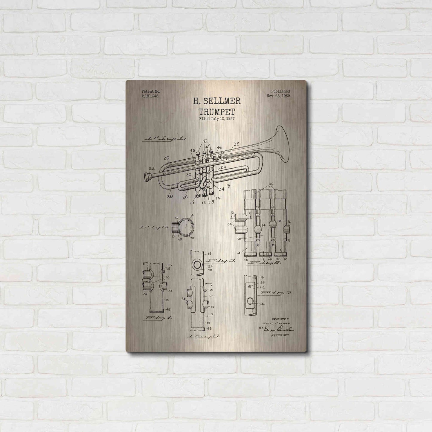 Luxe Metal Art 'Trumpet Blueprint Patent Parchment' Metal Wall Art,24x36