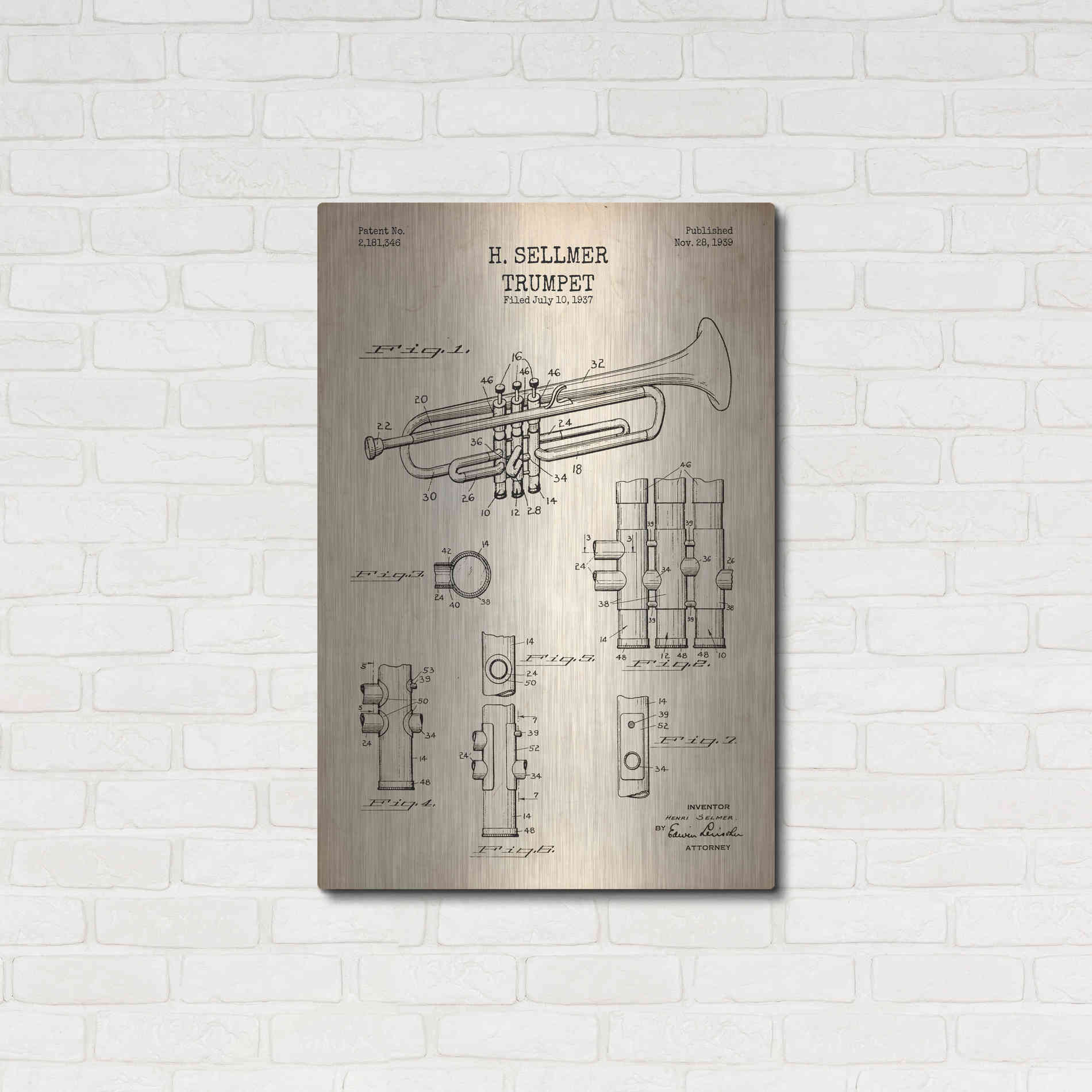 Luxe Metal Art 'Trumpet Blueprint Patent Parchment' Metal Wall Art,24x36
