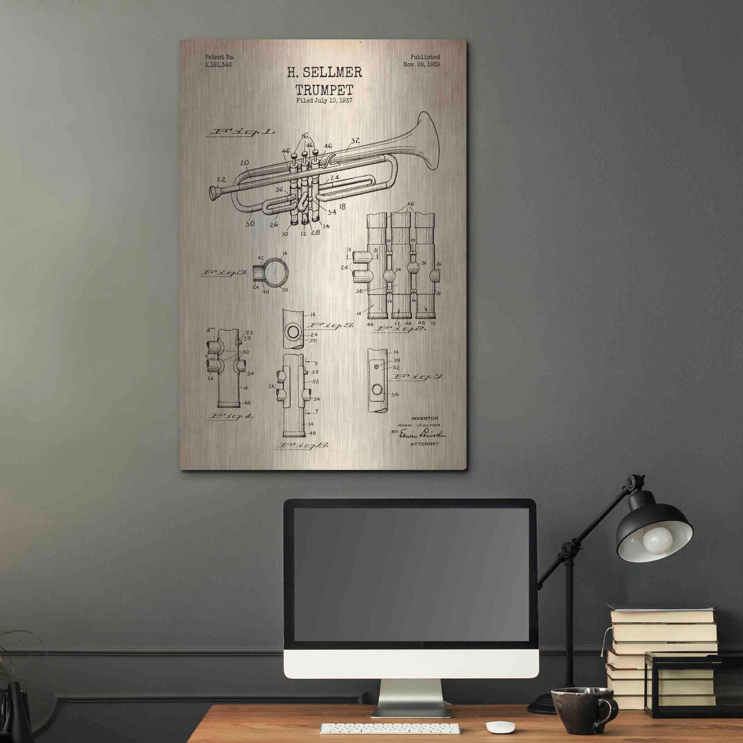 Luxe Metal Art 'Trumpet Blueprint Patent Parchment' Metal Wall Art,24x36
