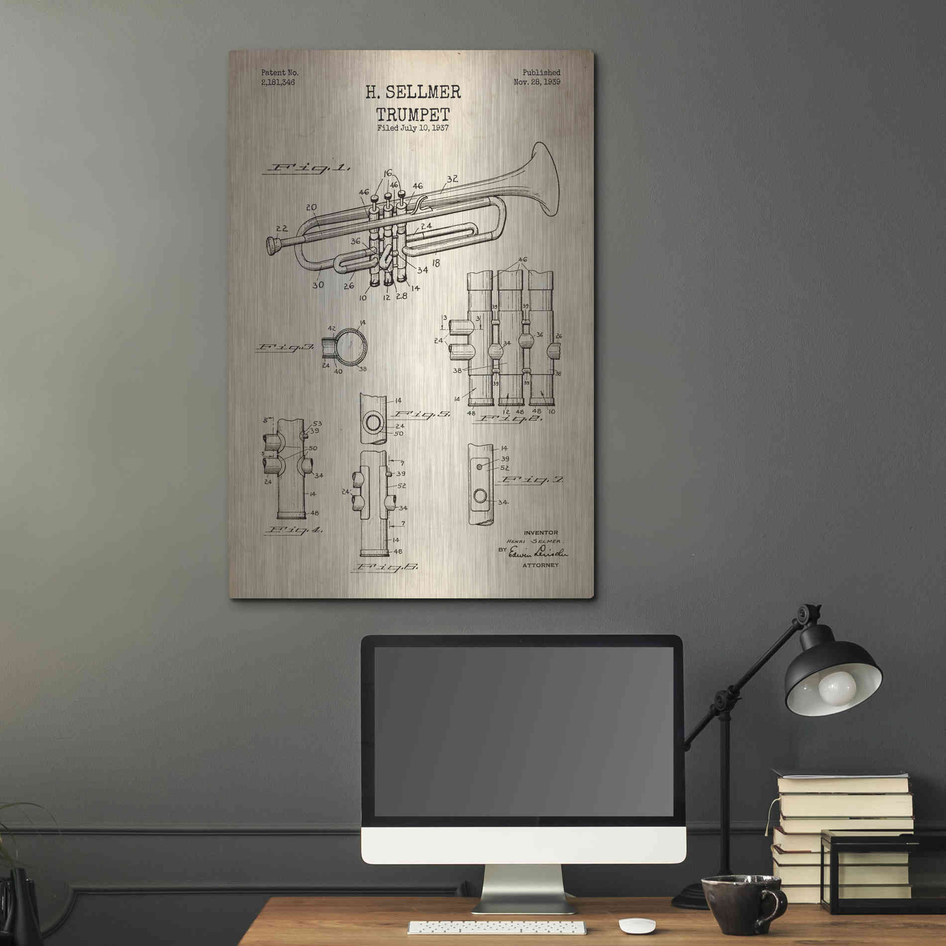 Luxe Metal Art 'Trumpet Blueprint Patent Parchment' Metal Wall Art,24x36
