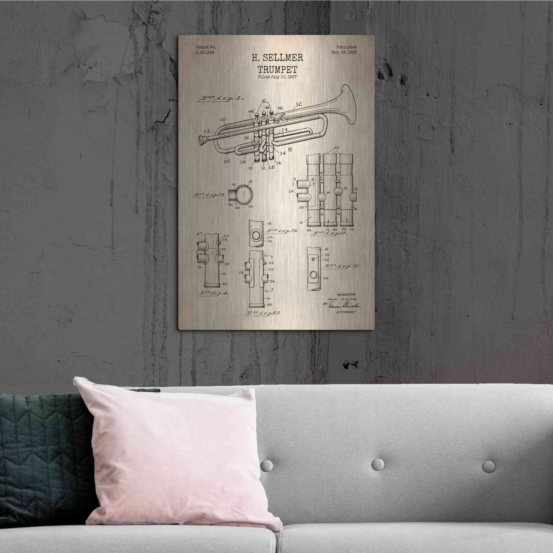Luxe Metal Art 'Trumpet Blueprint Patent Parchment' Metal Wall Art,24x36