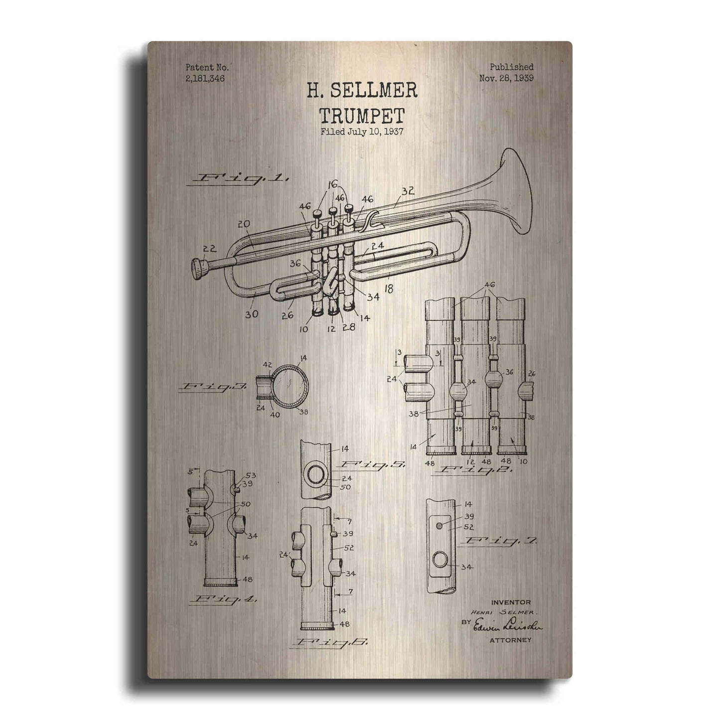 Luxe Metal Art 'Trumpet Blueprint Patent Parchment' Metal Wall Art