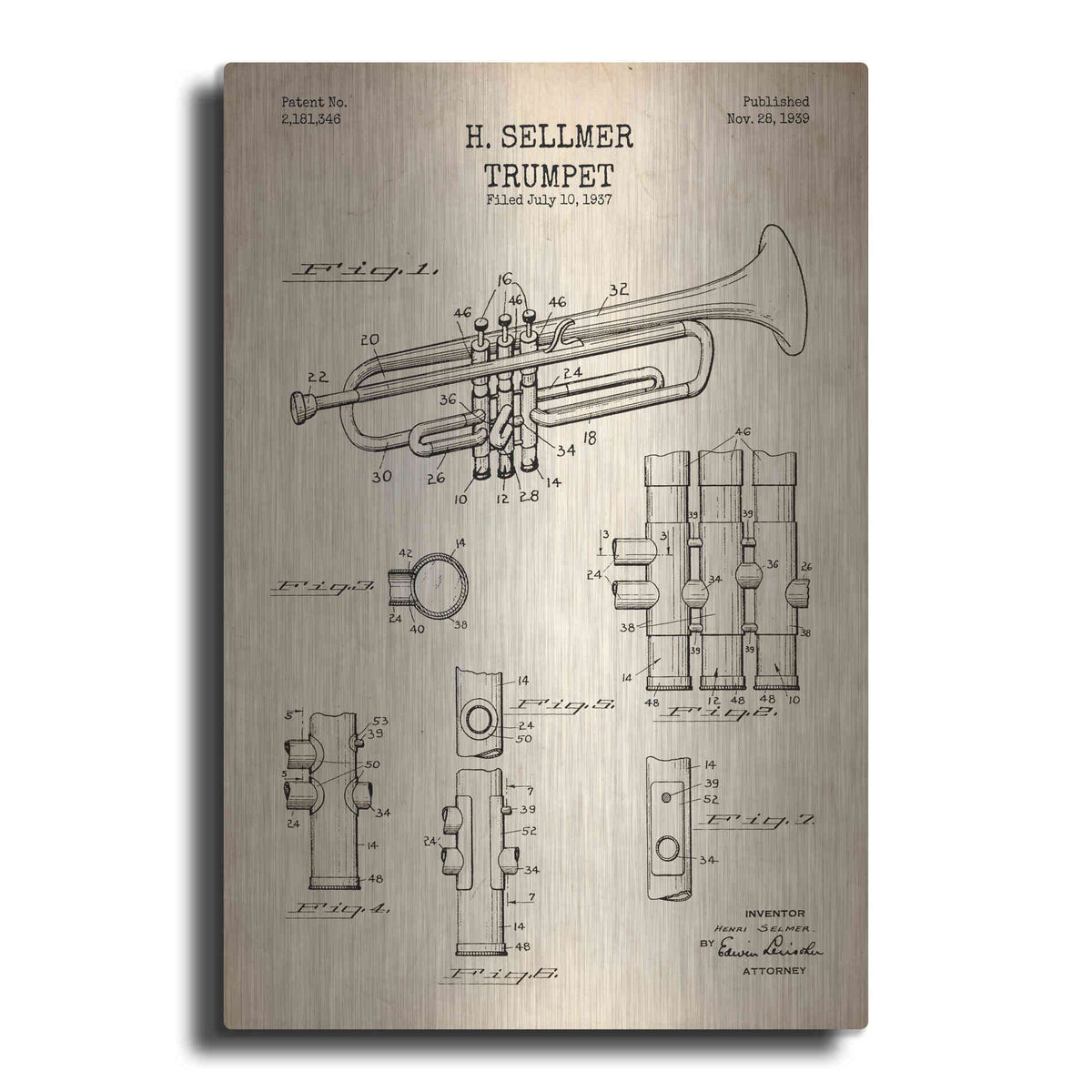 Luxe Metal Art 'Trumpet Blueprint Patent Parchment' Metal Wall Art