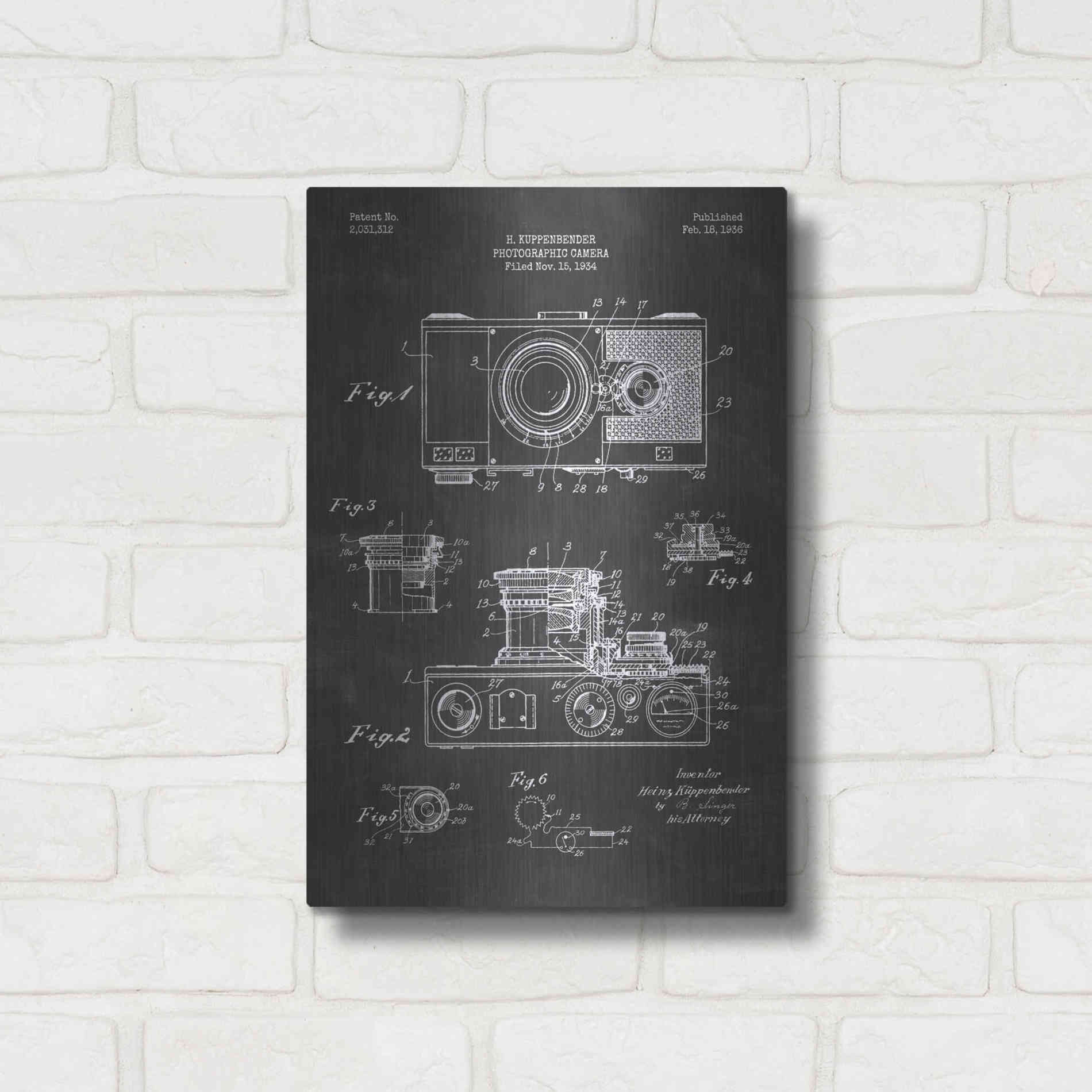 Luxe Metal Art 'Camera, 1936 Blueprint Patent Chalkboard' Metal Wall Art,12x16
