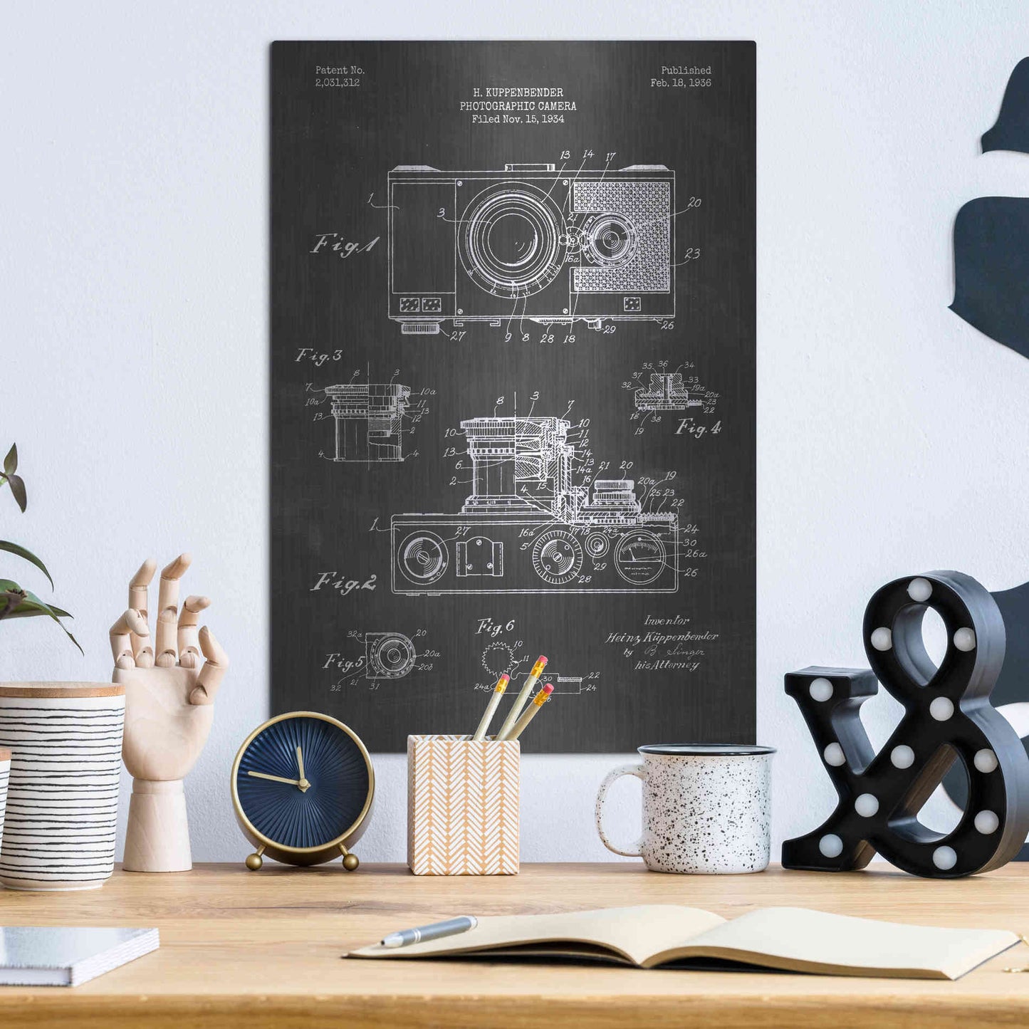Luxe Metal Art 'Camera, 1936 Blueprint Patent Chalkboard' Metal Wall Art,12x16
