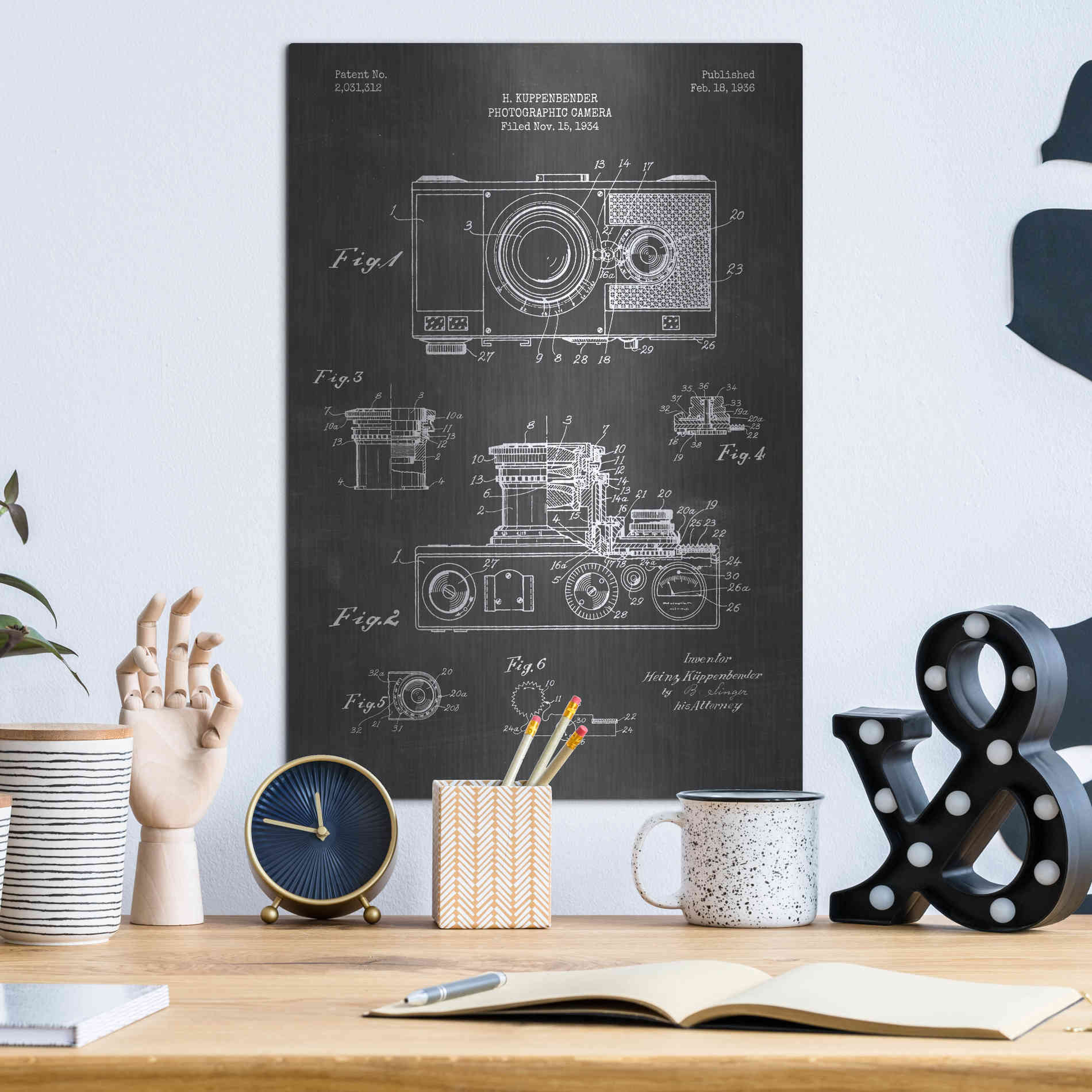 Luxe Metal Art 'Camera, 1936 Blueprint Patent Chalkboard' Metal Wall Art,12x16