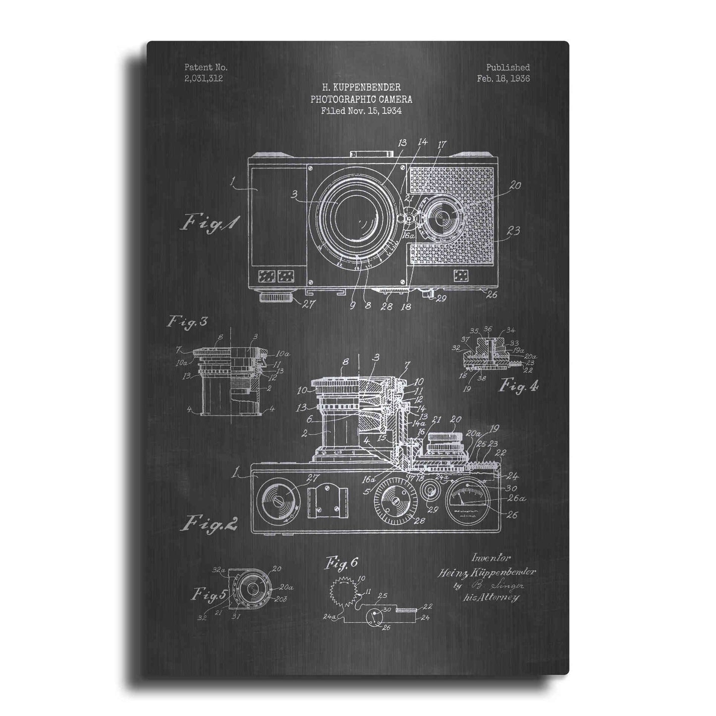 Luxe Metal Art 'Camera, 1936 Blueprint Patent Chalkboard' Metal Wall Art
