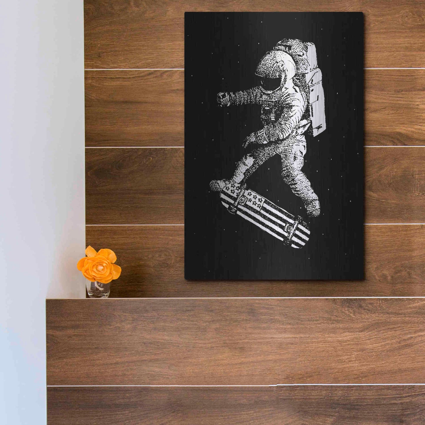 Luxe Metal Art 'Kickflip in Space' by Robert Farkas, Metal Wall Art,12x16