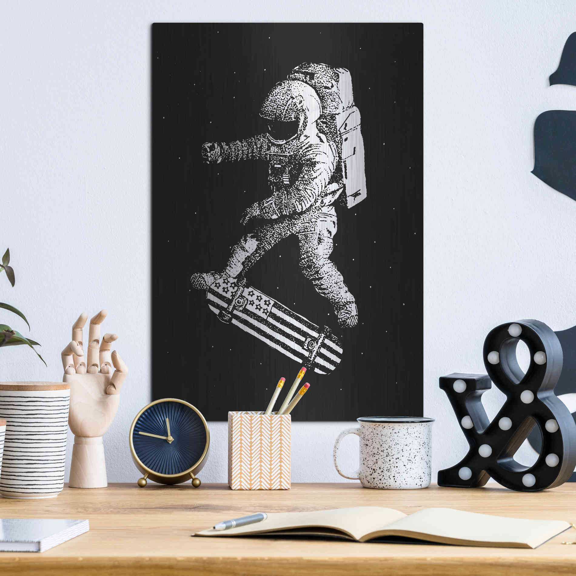 Luxe Metal Art 'Kickflip in Space' by Robert Farkas, Metal Wall Art,12x16