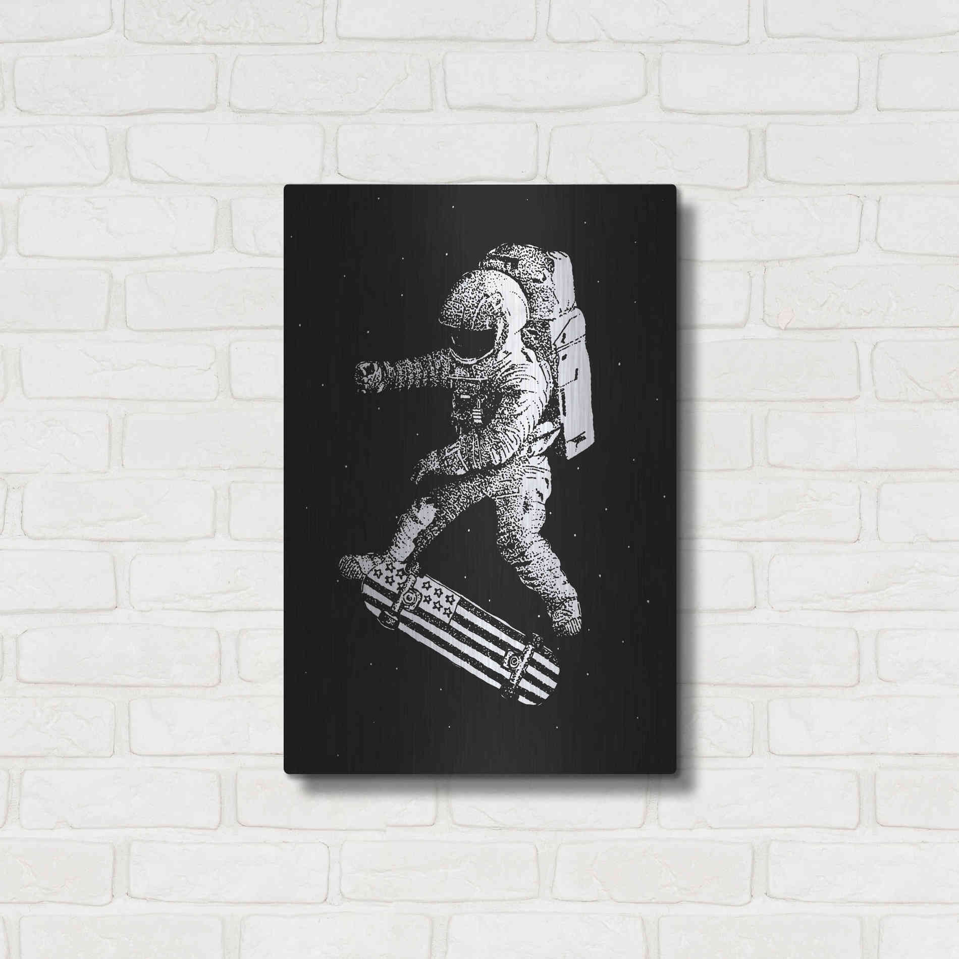 Luxe Metal Art 'Kickflip in Space' by Robert Farkas, Metal Wall Art,16x24