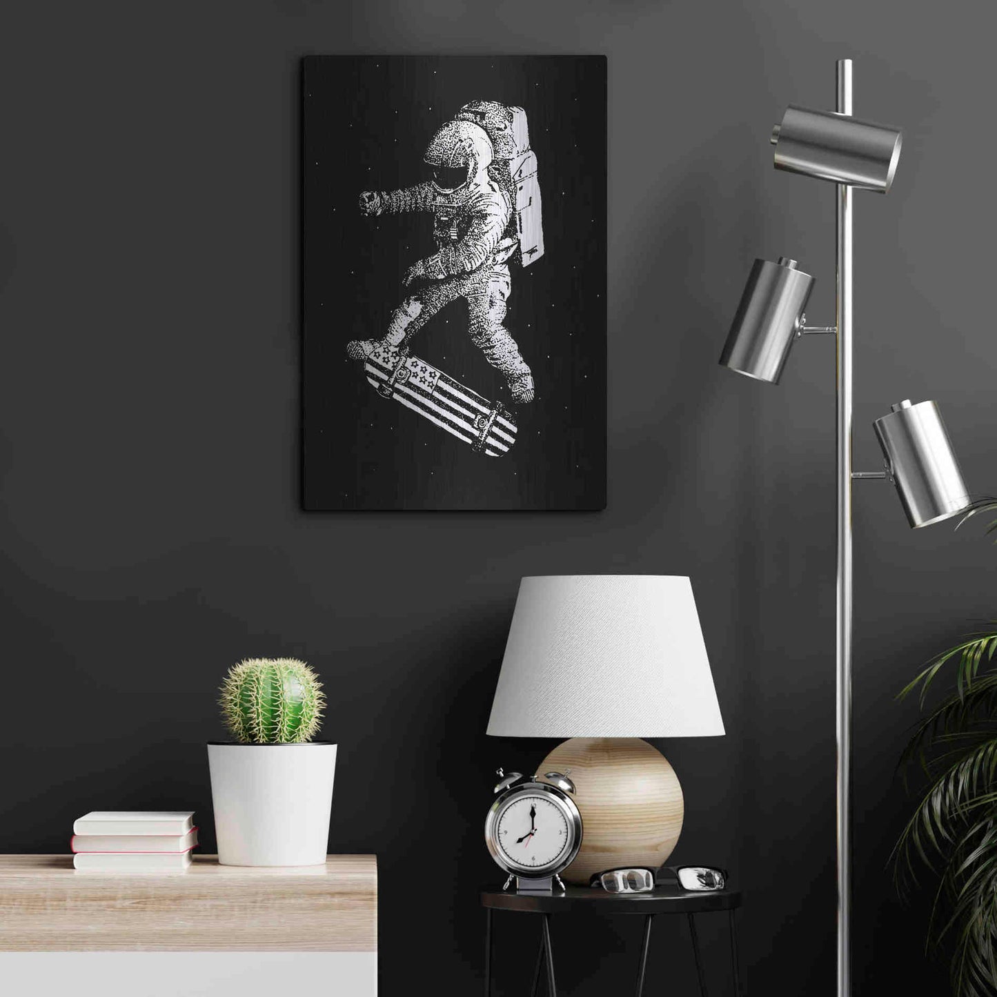 Luxe Metal Art 'Kickflip in Space' by Robert Farkas, Metal Wall Art,16x24