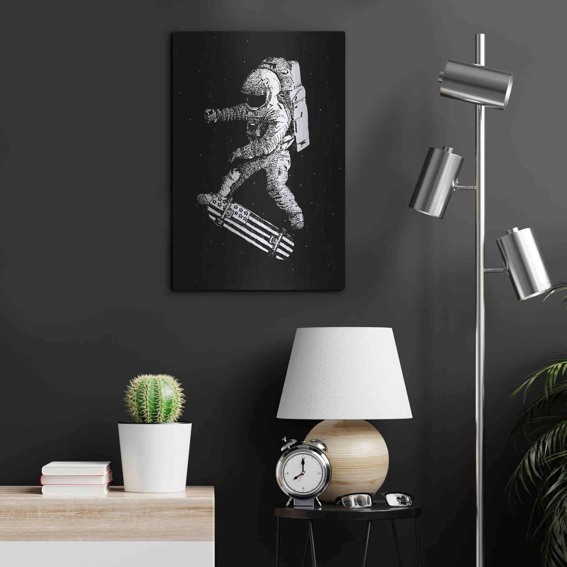 Luxe Metal Art 'Kickflip in Space' by Robert Farkas, Metal Wall Art,16x24