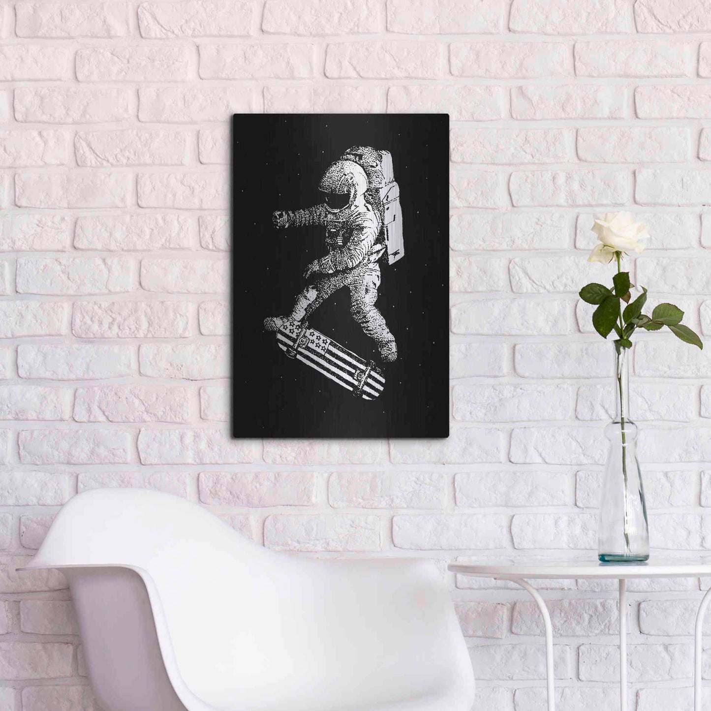 Luxe Metal Art 'Kickflip in Space' by Robert Farkas, Metal Wall Art,16x24
