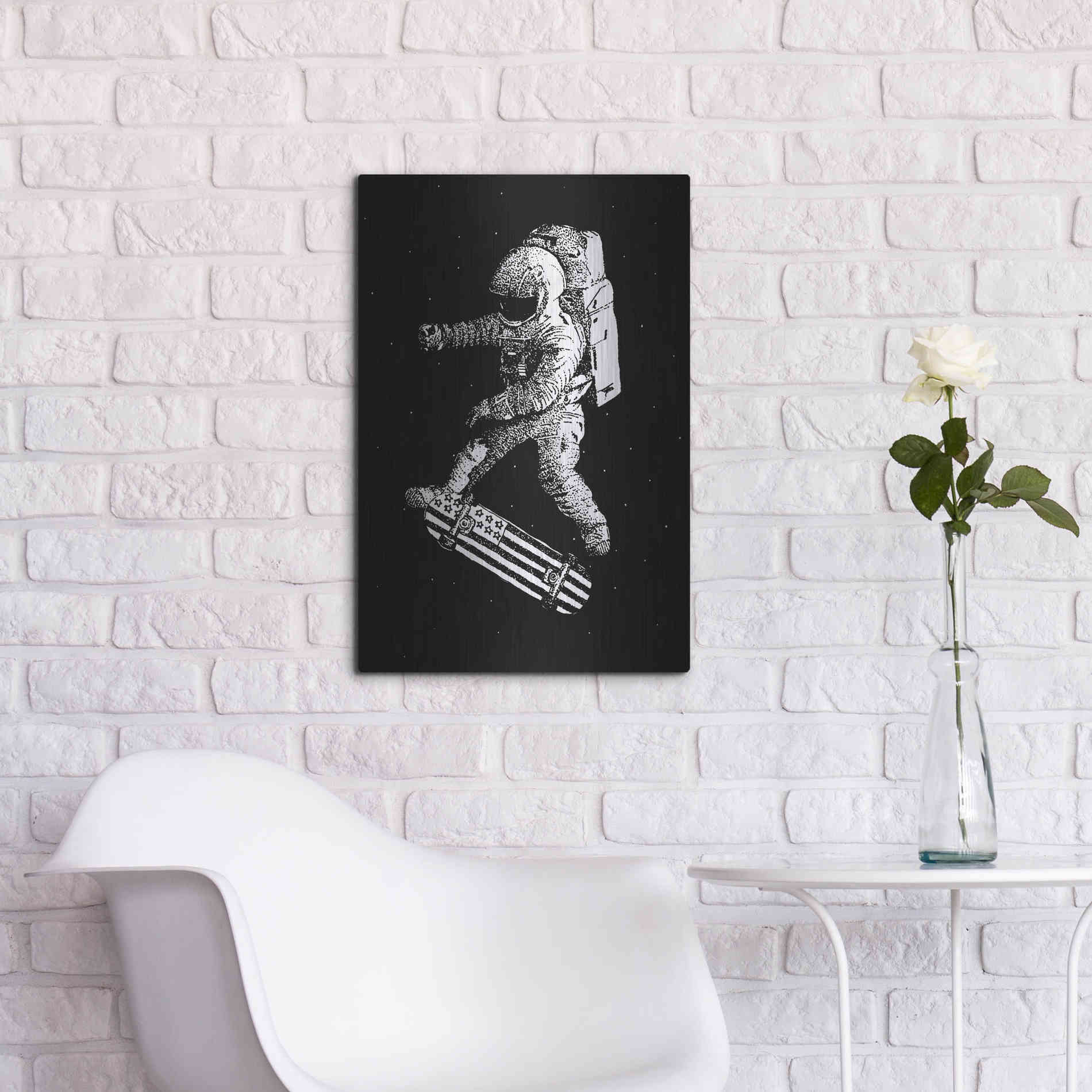 Luxe Metal Art 'Kickflip in Space' by Robert Farkas, Metal Wall Art,16x24