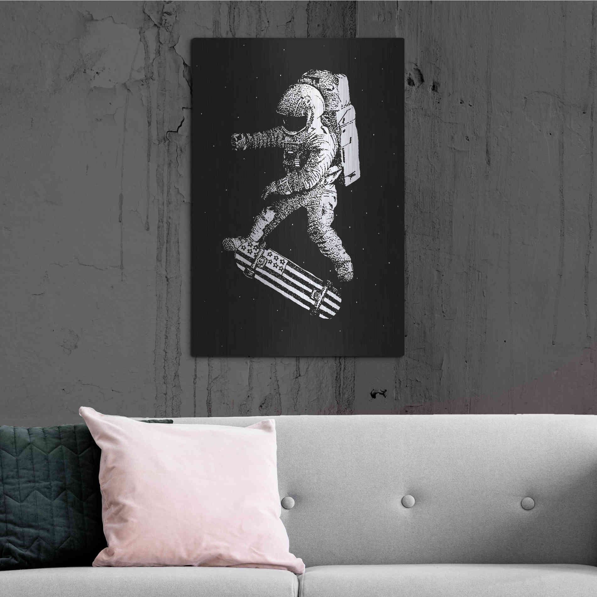 Luxe Metal Art 'Kickflip in Space' by Robert Farkas, Metal Wall Art,24x36