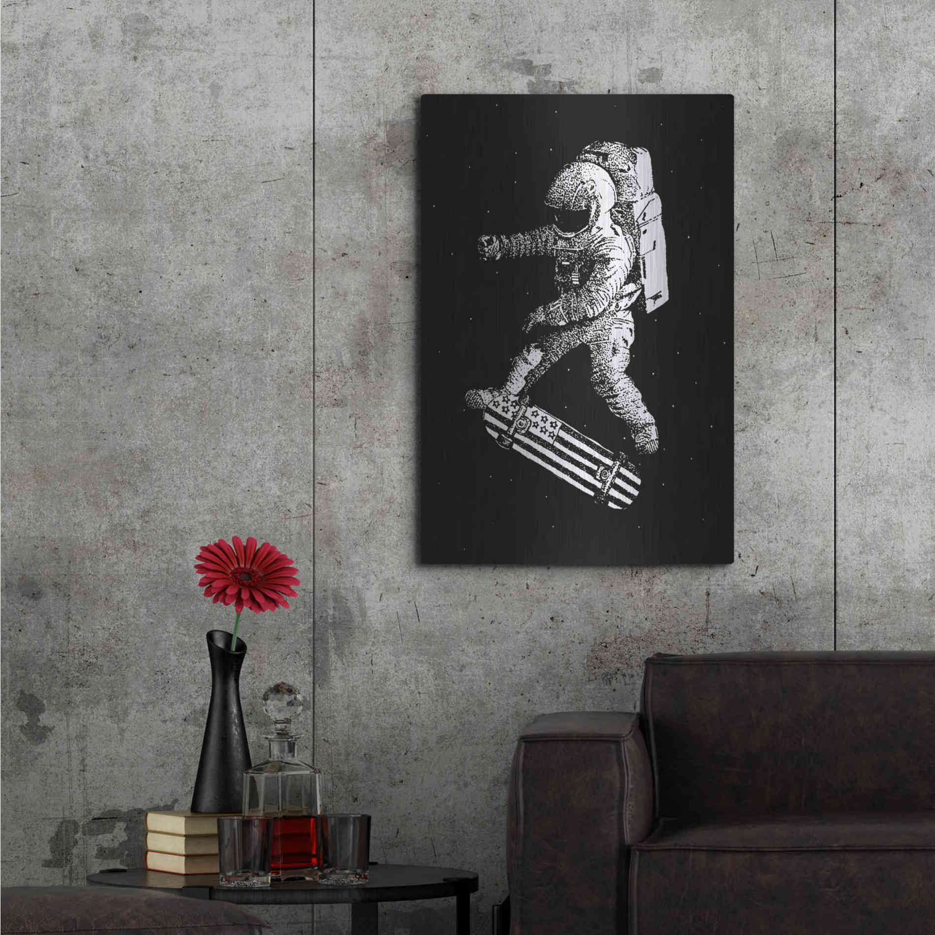 Luxe Metal Art 'Kickflip in Space' by Robert Farkas, Metal Wall Art,24x36