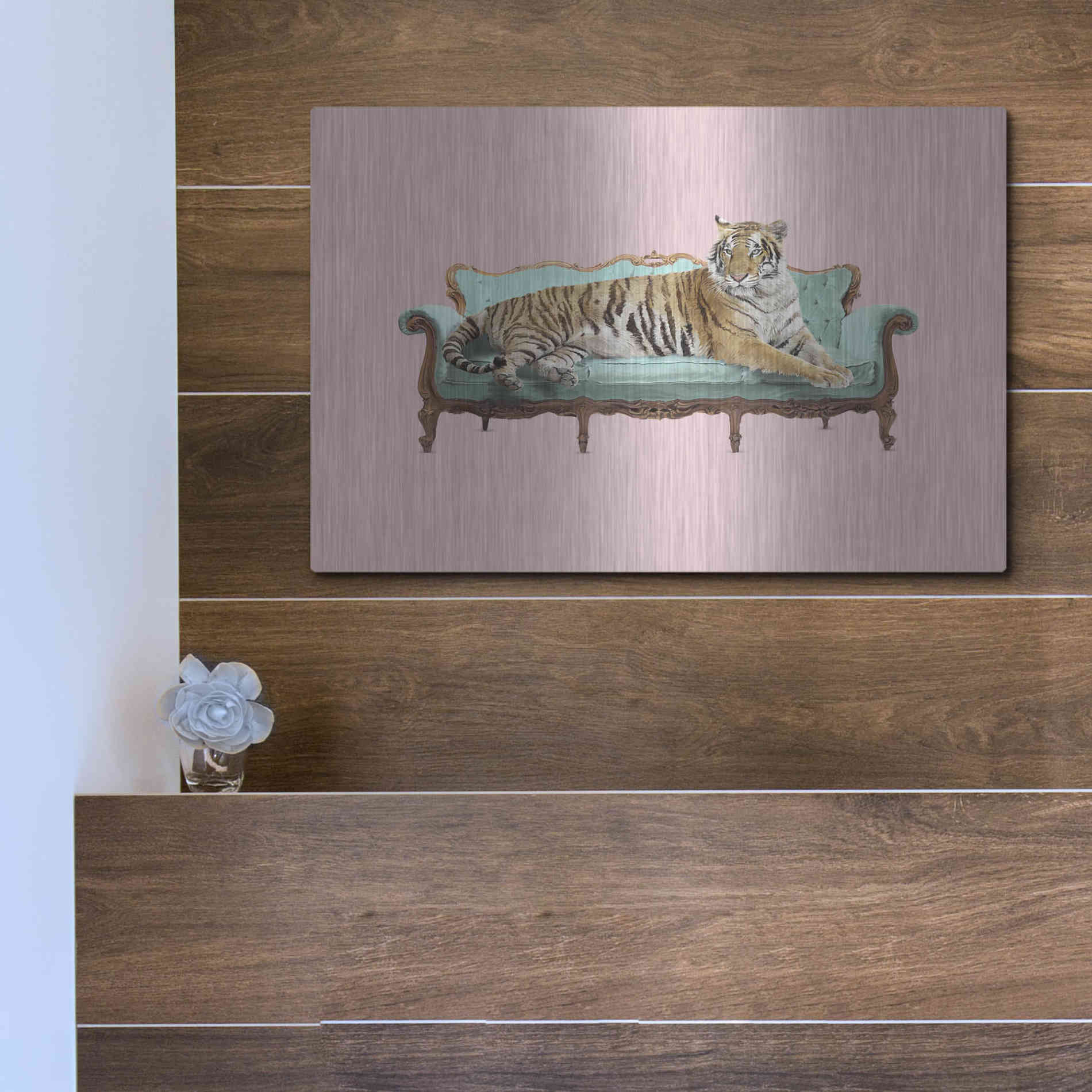 Luxe Metal Art 'Lazy Tiger' by Robert Farkas, Metal Wall Art,16x12