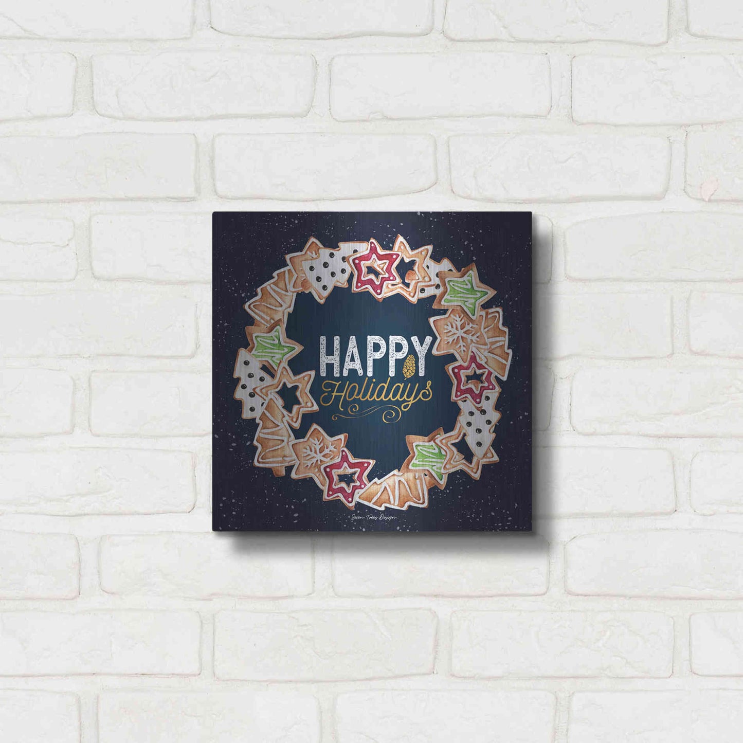 Luxe Metal Art 'Gingerbread Happy Holidays Wreath' by Seven Trees Design, Metal Wall Art,12x12