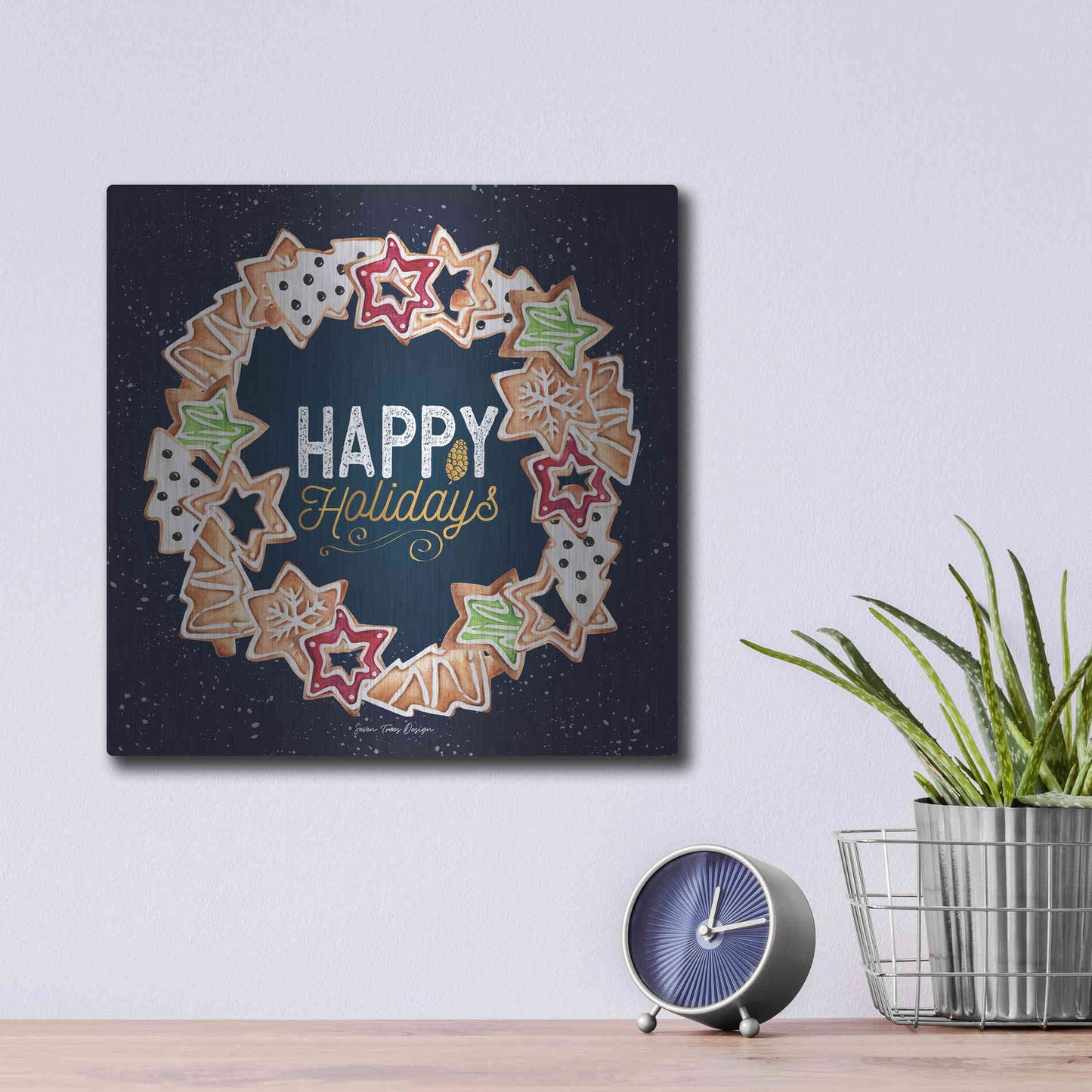 Luxe Metal Art 'Gingerbread Happy Holidays Wreath' by Seven Trees Design, Metal Wall Art,12x12