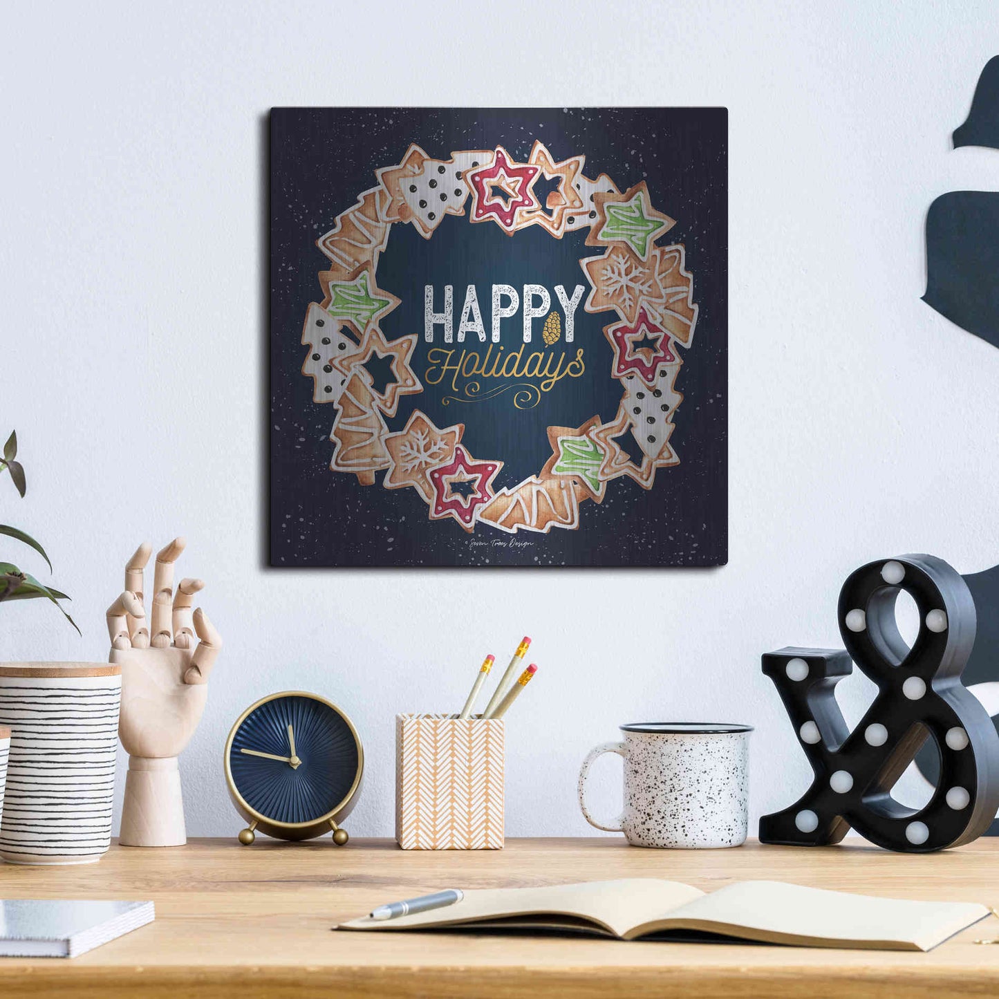 Luxe Metal Art 'Gingerbread Happy Holidays Wreath' by Seven Trees Design, Metal Wall Art,12x12