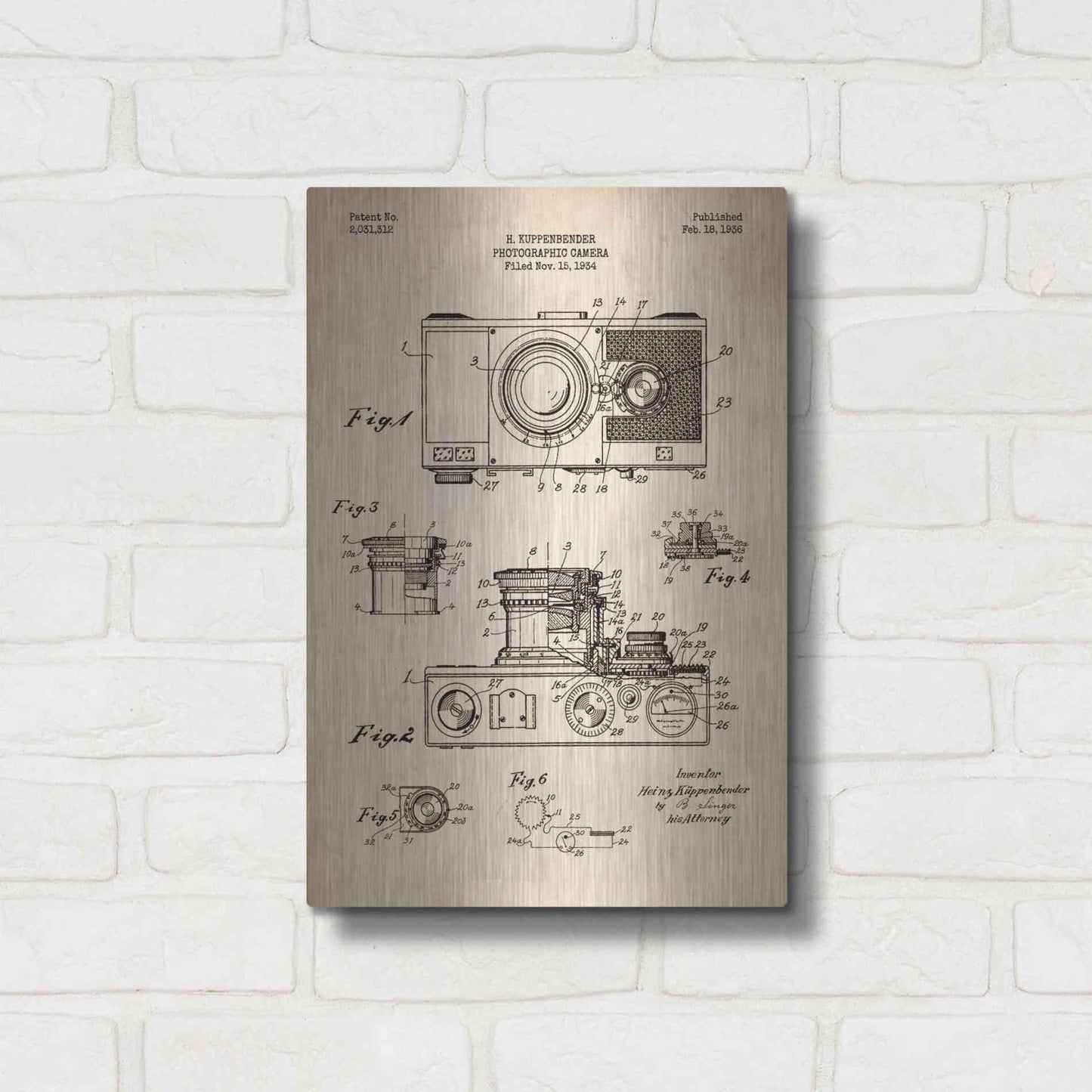 Luxe Metal Art 'Camera, 1936 Blueprint Patent Parchment' Metal Wall Art,12x16