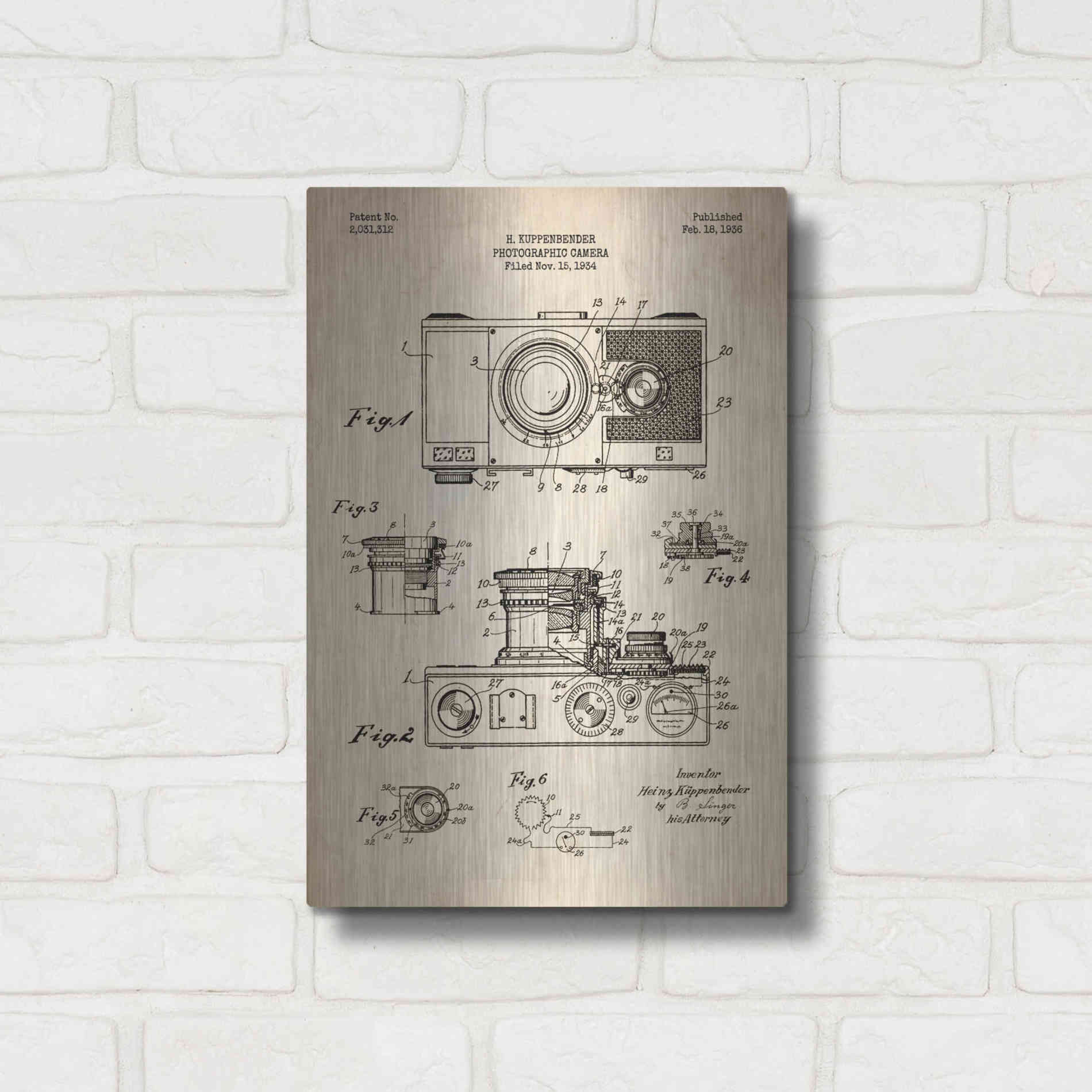 Luxe Metal Art 'Camera, 1936 Blueprint Patent Parchment' Metal Wall Art,12x16