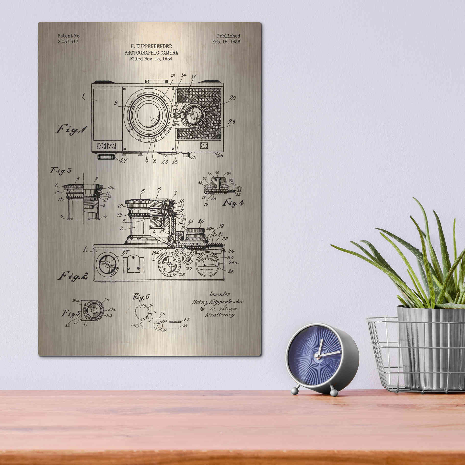 Luxe Metal Art 'Camera, 1936 Blueprint Patent Parchment' Metal Wall Art,12x16