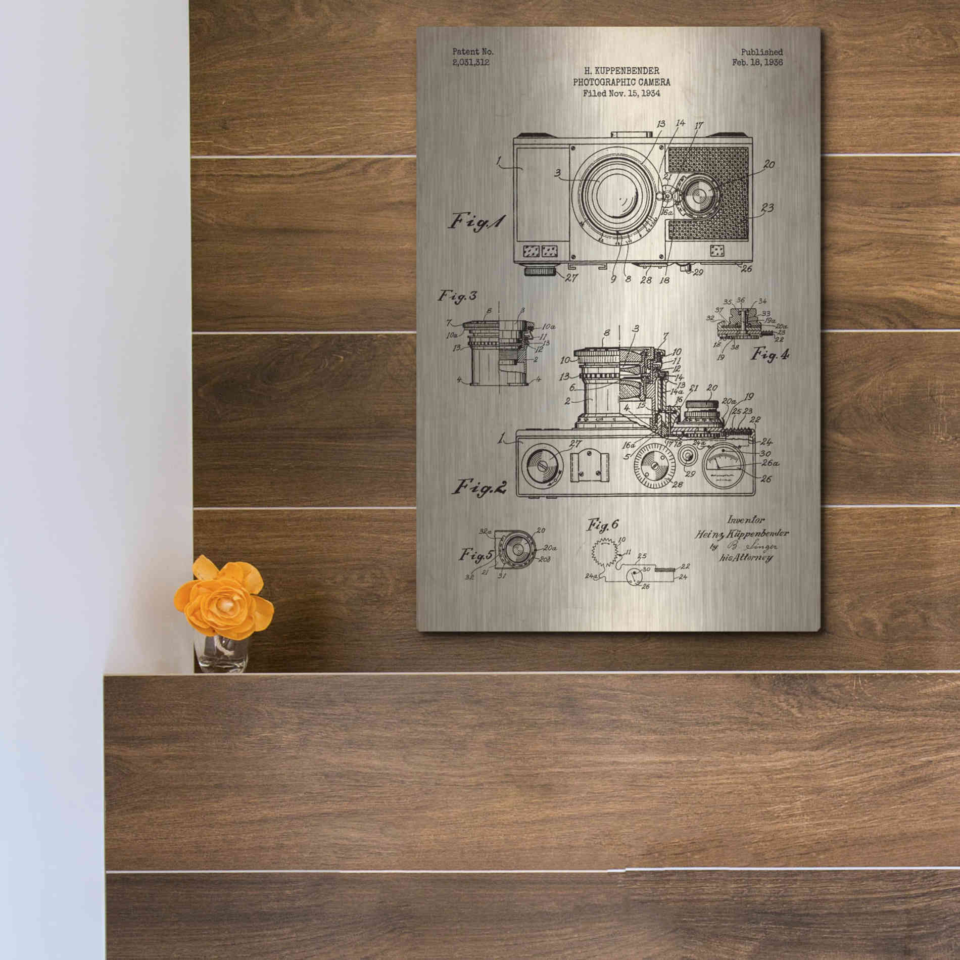 Luxe Metal Art 'Camera, 1936 Blueprint Patent Parchment' Metal Wall Art,12x16