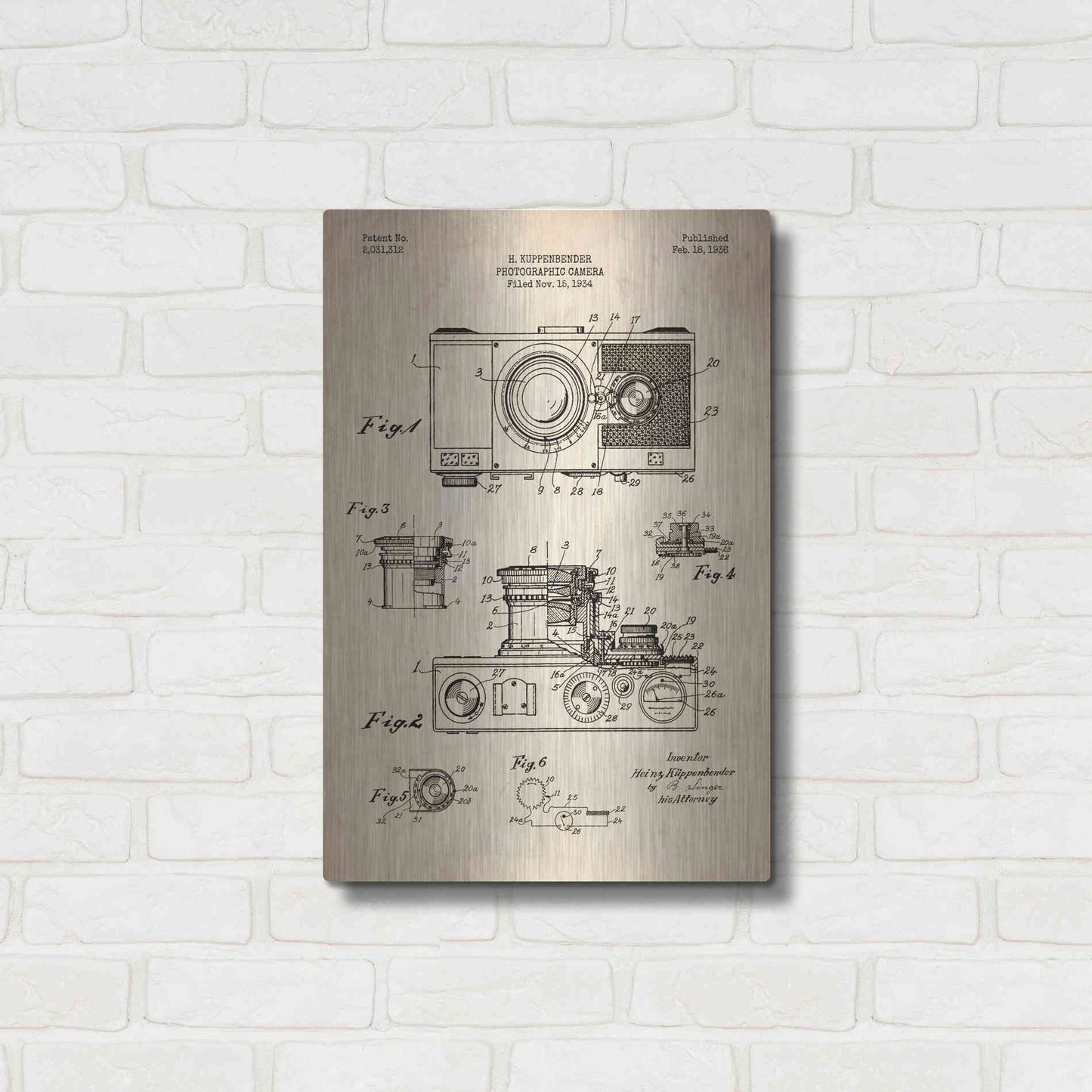 Luxe Metal Art 'Camera, 1936 Blueprint Patent Parchment' Metal Wall Art,16x24