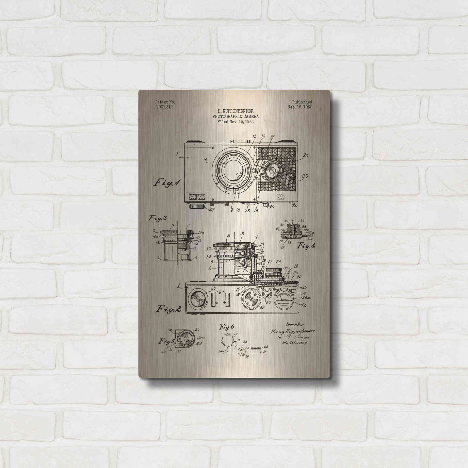 Luxe Metal Art 'Camera, 1936 Blueprint Patent Parchment' Metal Wall Art,16x24