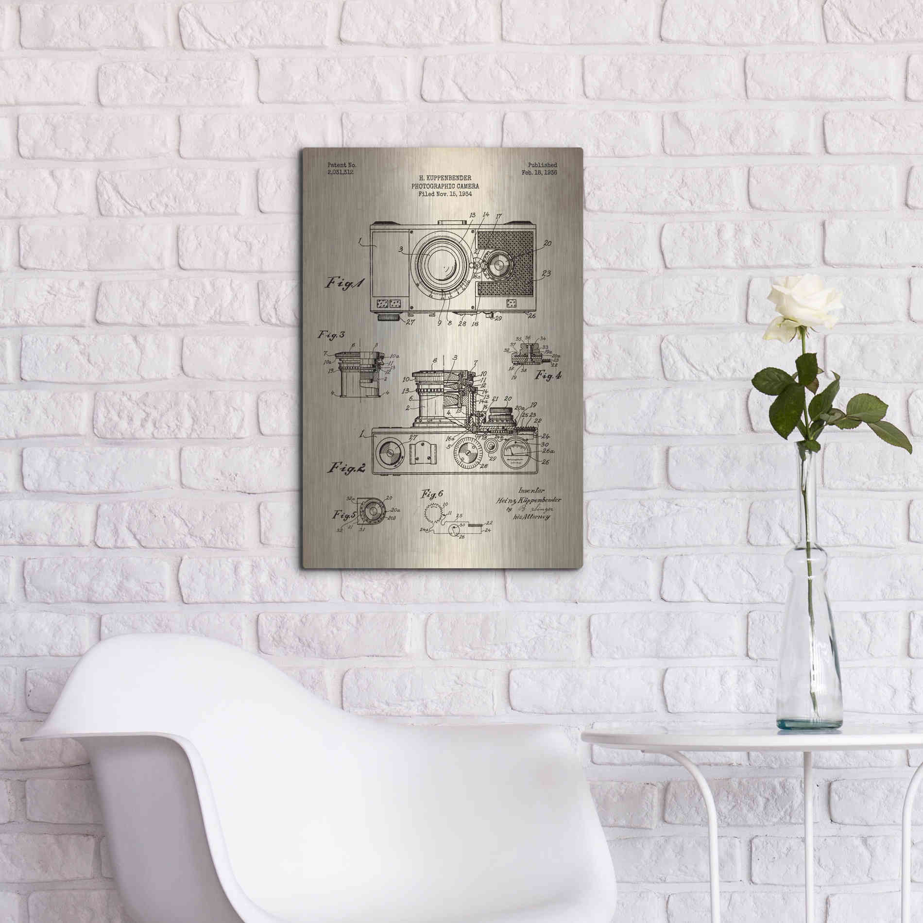 Luxe Metal Art 'Camera, 1936 Blueprint Patent Parchment' Metal Wall Art,16x24