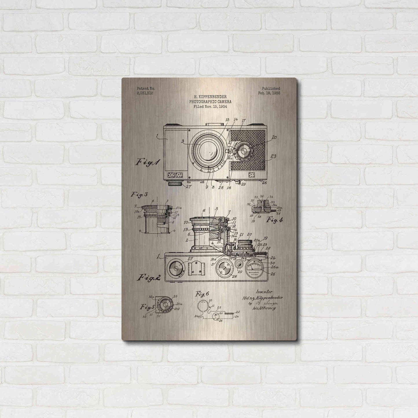 Luxe Metal Art 'Camera, 1936 Blueprint Patent Parchment' Metal Wall Art,24x36