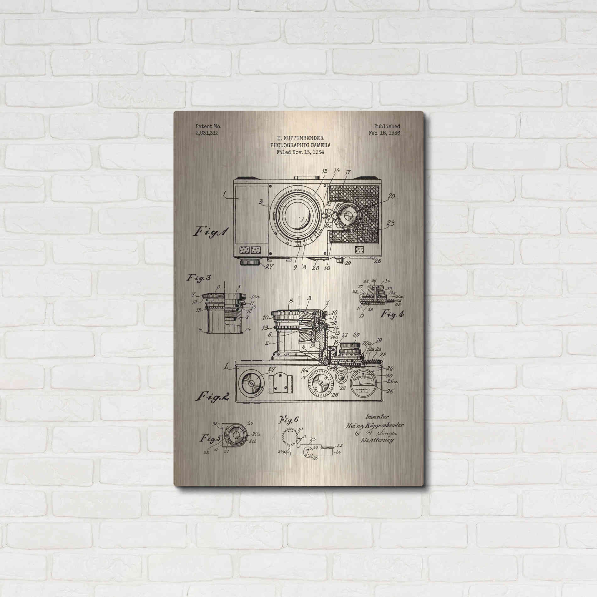 Luxe Metal Art 'Camera, 1936 Blueprint Patent Parchment' Metal Wall Art,24x36